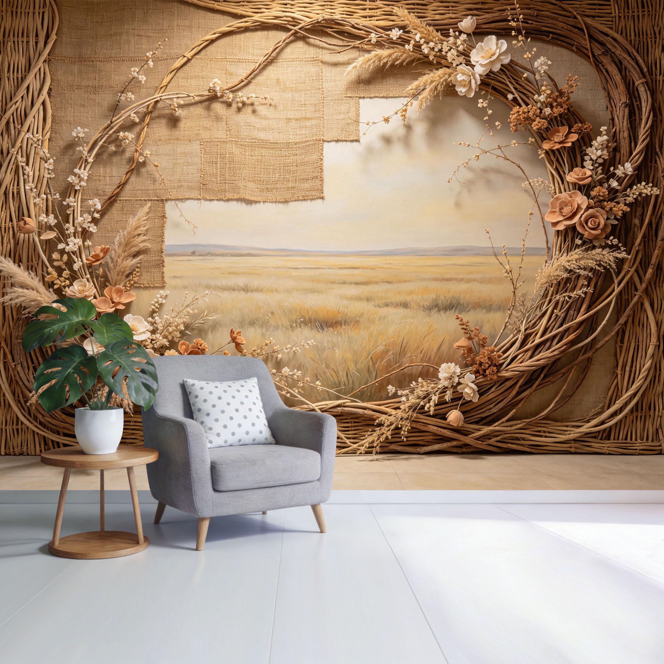 Custom Size Wall Mural Rustic Botanical Wheat Field Landscape Floral Wreath Natural Texture SelfAdhesive Wall Fabric Removable Wallpaper for Home Office Decor