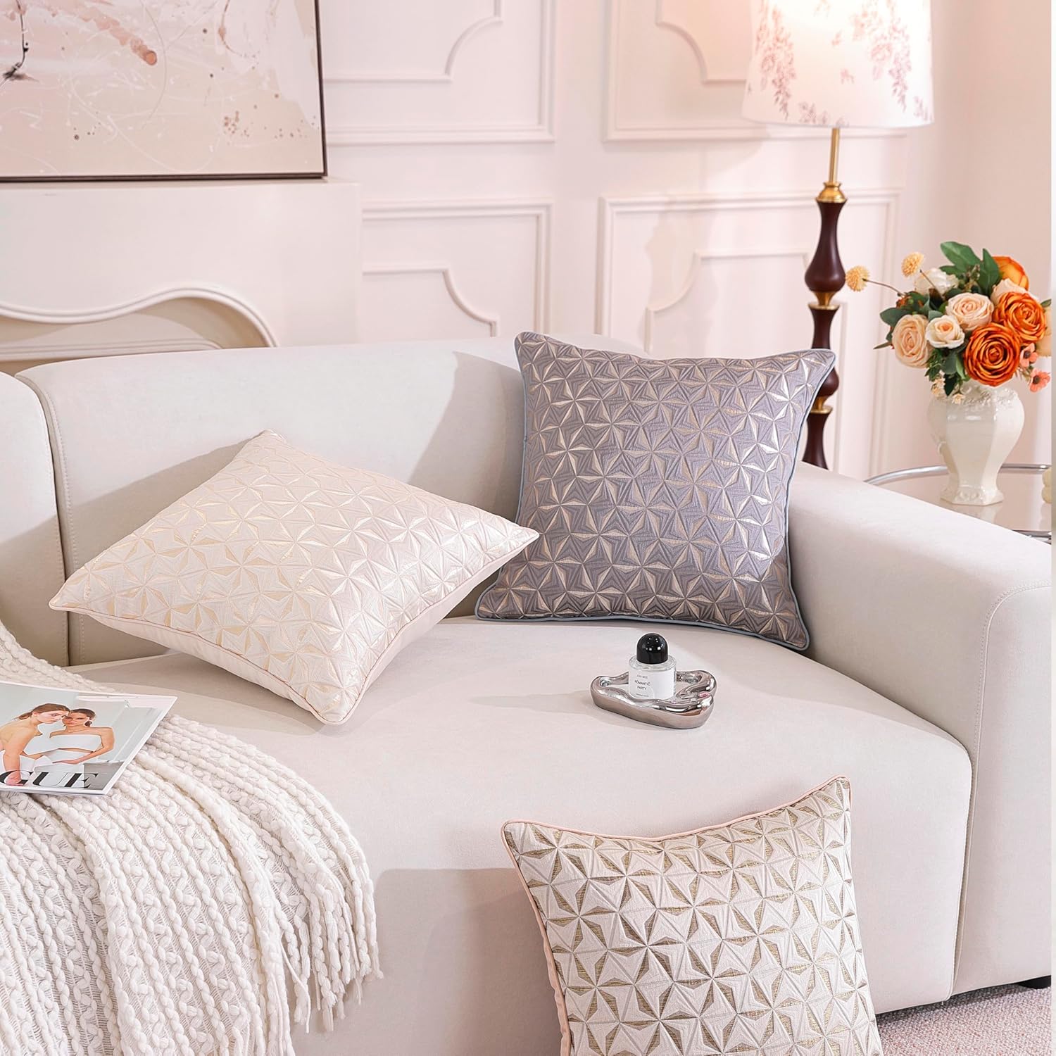 TAOSON Pack of 2, Luxury High Precision Jacquard Modern Grey/Gray and Gold Decorative Throw Pillow Covers Cushion Cases Square Pillowcase for Sofa Couch Bedroom Living Room Home,20x20 inch S038