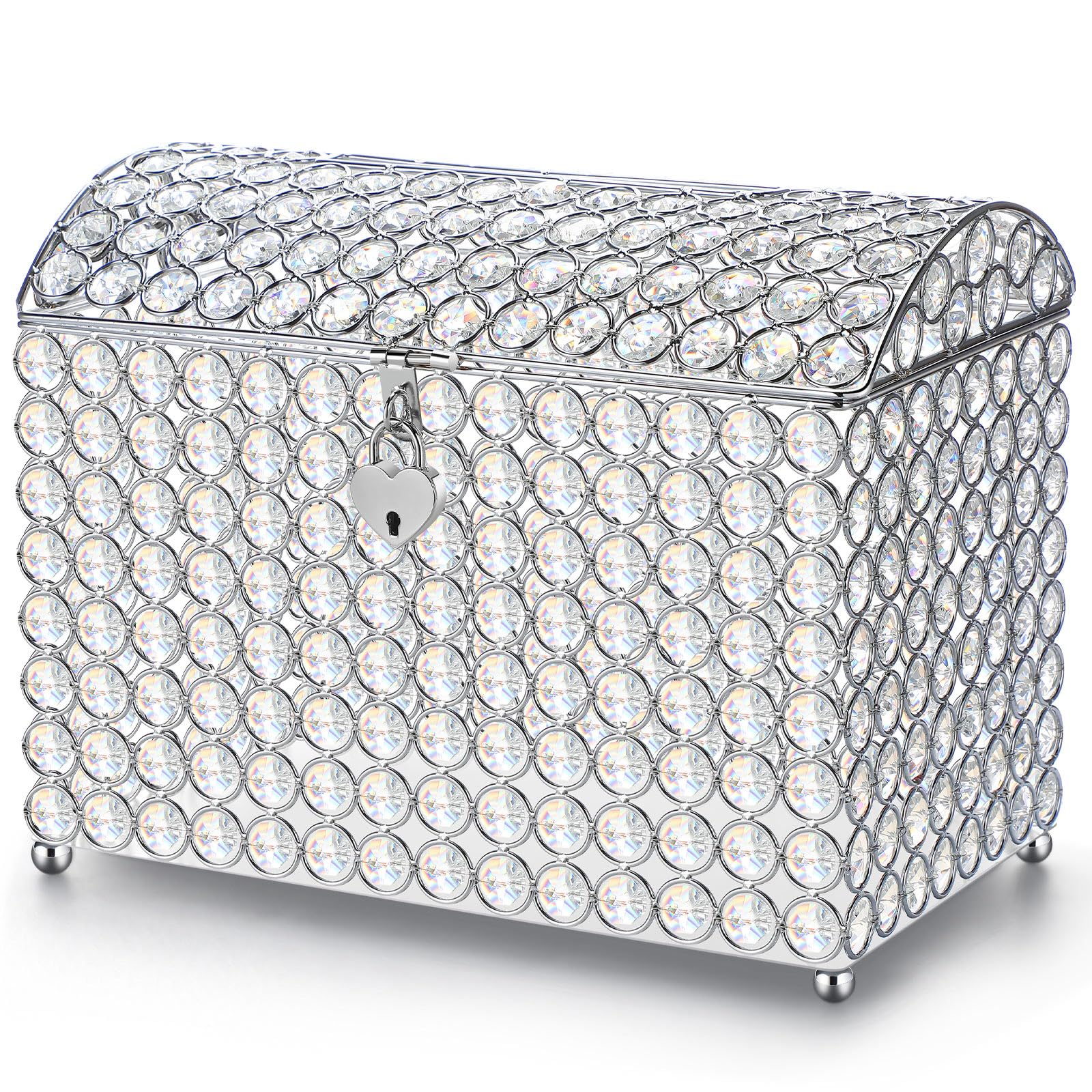 Photo 1 of Nitial Crystal Wedding Card Box with Heart Lock 11in Wedding Money Box Treasure Chest Silver Bead Card Receiving Memory Storage for Reception Brithday Graduation Baby Shower Party (Elegant Style)