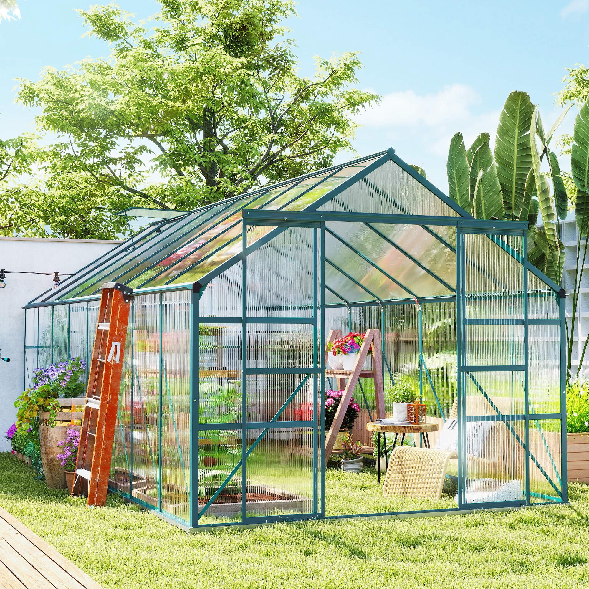 Outsunny Serra da Giardino in Policarbonato con Porta Scorrevole e Finestra Apribile, Serra per Piante in Alluminio, 244x500x216 cm, Verde