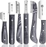 Professional Stripping Knife kit (6 pieces set) for Dogs & Pets, Wooden Handle Grip with Stainless Steel Blade (Right handed) (Black)