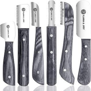 Professional Stripping Knife kit (6 pieces set) for Dogs & Pets, Wooden Handle Grip with Stainless Steel Blade (Right handed) (Black)