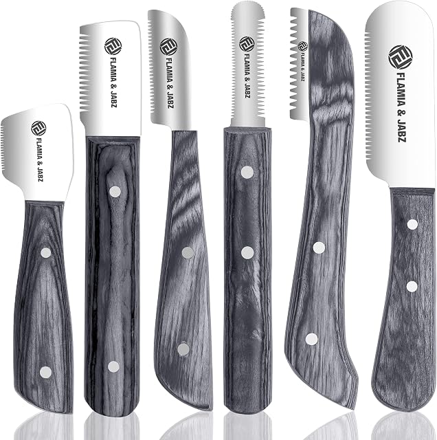 Professional Stripping Knife kit (6 pieces set) for Dogs & Pets, Wooden Handle Grip with Stainless Steel Blade (Right handed) (Black)