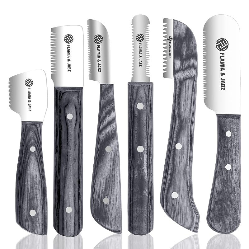 Kit de Facas para Stripping de Cães FLAMIA & JABZ com Lâminas de Aço Inoxidável e Cabos de Madeira, 6 Peças (Preto)