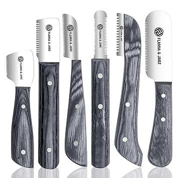 FJ Professional Stripping Knife kit (6 pieces set) for Dogs & Pets, Wooden Handle Grip with Stainless Steel Blade (Right handed) (Black)