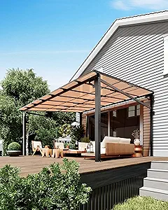 10'x 14' Lean to Gazebo, Hardtop Wall Pergola with Polycarbonate Roof, Aluminum Frame Slant Mounted Gazebo for Lawn Patio Deck Yard and Party