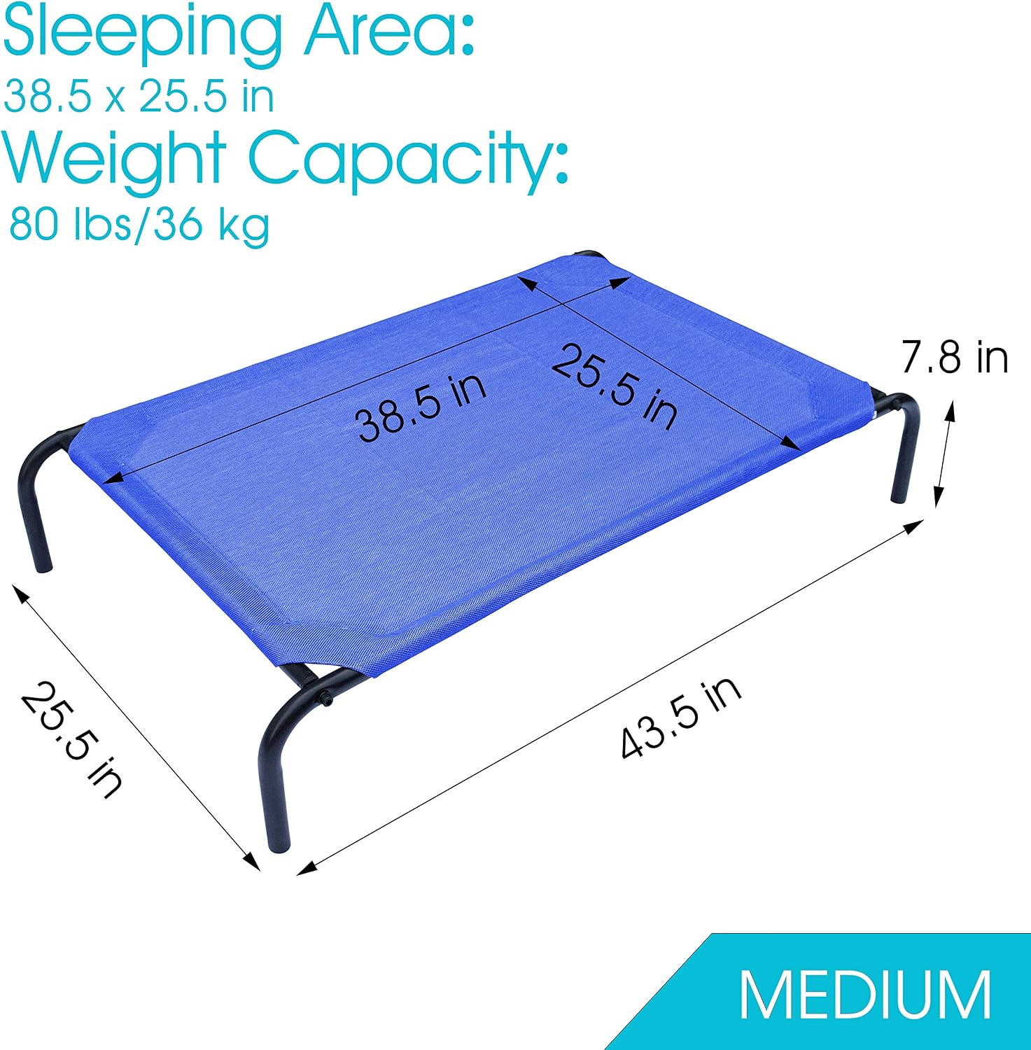 PHYEX Heavy Duty Steel-Framed Portable Elevated Pet Bed, Elevated Cooling Pet Cot, 43.5" L x 25.5" W x 7.8" H(M, Blue)