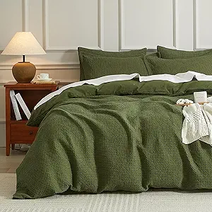 SE SOFTEXLY Waffle Duvet Cover King, 100% Cotton Waffle Weave Bedding Duvet Cover Set, Soft and Breathable Comforter Cover for All Season, 3 Pieces Including Pillow Shams(Green, 104”x90”)