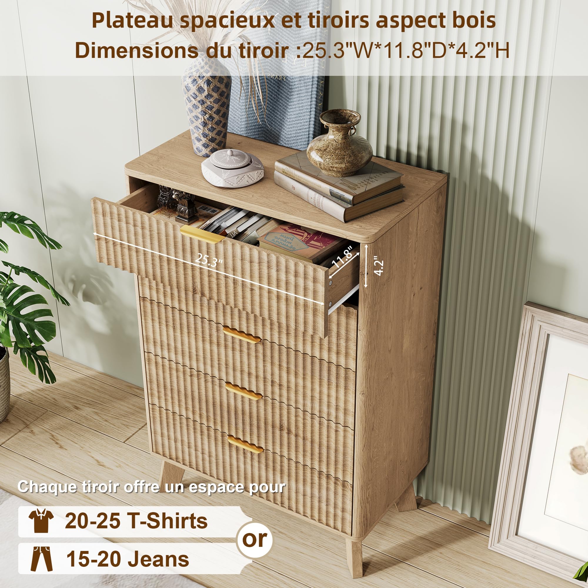Commode Rangement en Bois, Chiffonnier 5 tiroirs avec antichute et Pieds surélevés, Meuble 40 cm de Profondeur pour Chambre, Entrée, Salon, Bureau, 73x40x108 cm