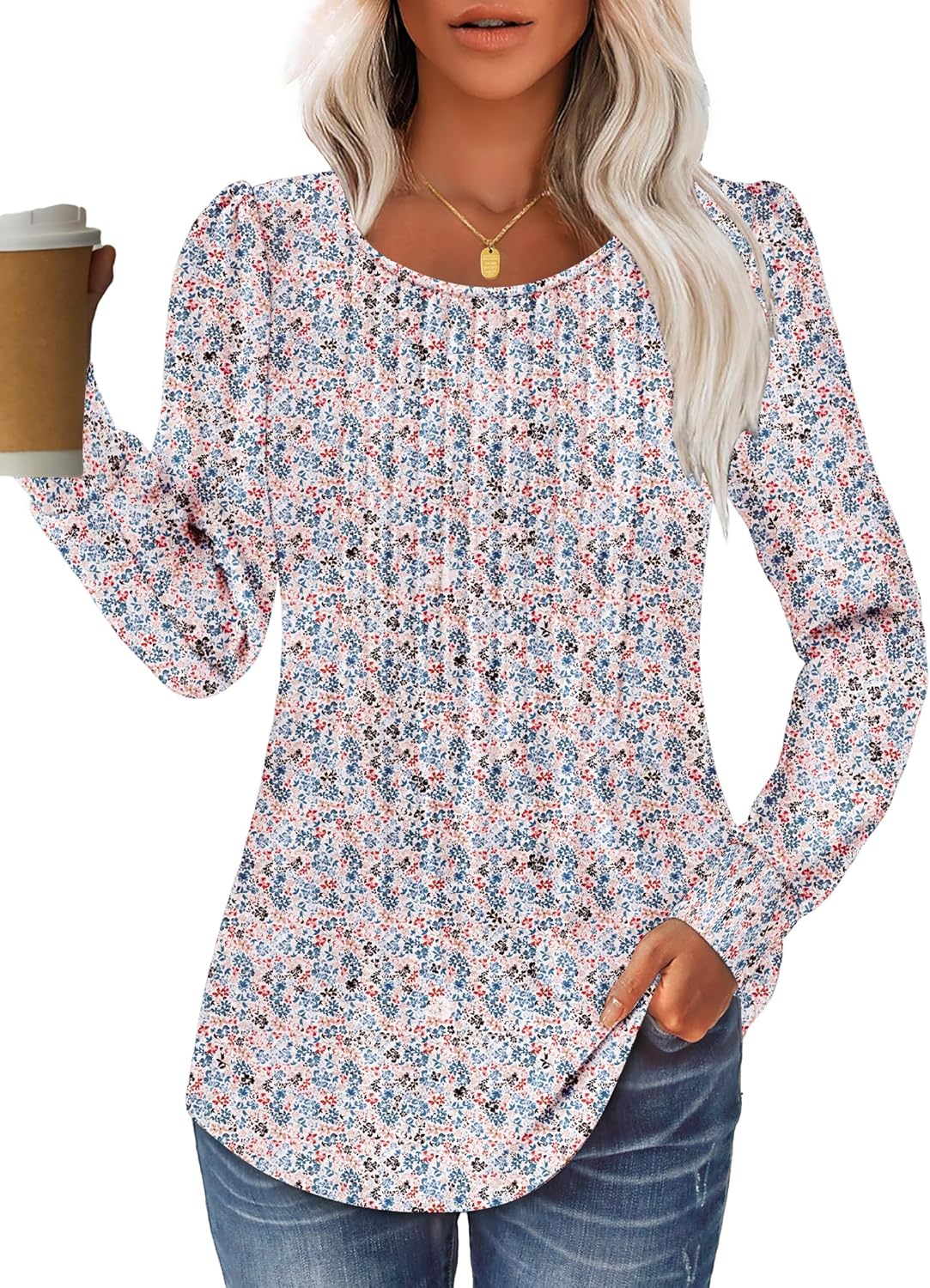 Women Long Sleeve Shirts Fall Tops Dressy Pleated Scooped Neck Tunic Tops for Leggings S-3XL