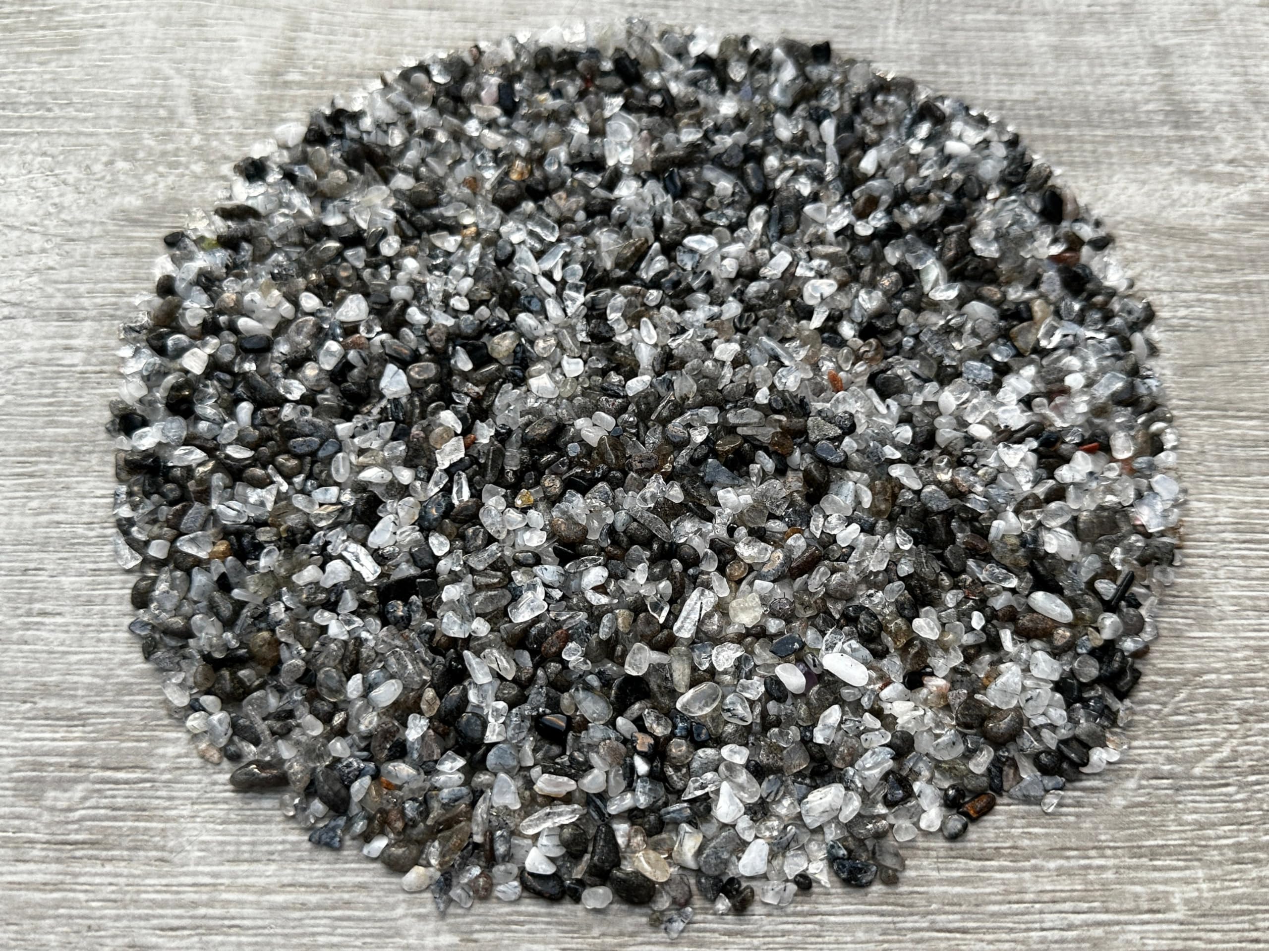 GAF TREASURES 2 oz Lot Natural Semi Tumbled Black Tourmaline with Quartz Gemstone Chips, Crushed Tourmaline Quartz Mini Crystals, Undrilled Crystal Chips (Black Tourmaline with Quartz)