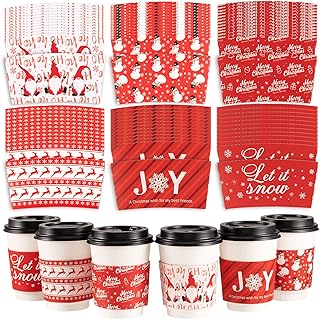 Whaline 30 Pack Christmas Coffee Tea Cup Sleeves Red Double-Layer Paper Sleeves for 12 and 16oz Paper Cup Disposable Snowman Santa Cup Paper Jacket for Hot Chocolate Cocoa Cold Beverage, 6 Design