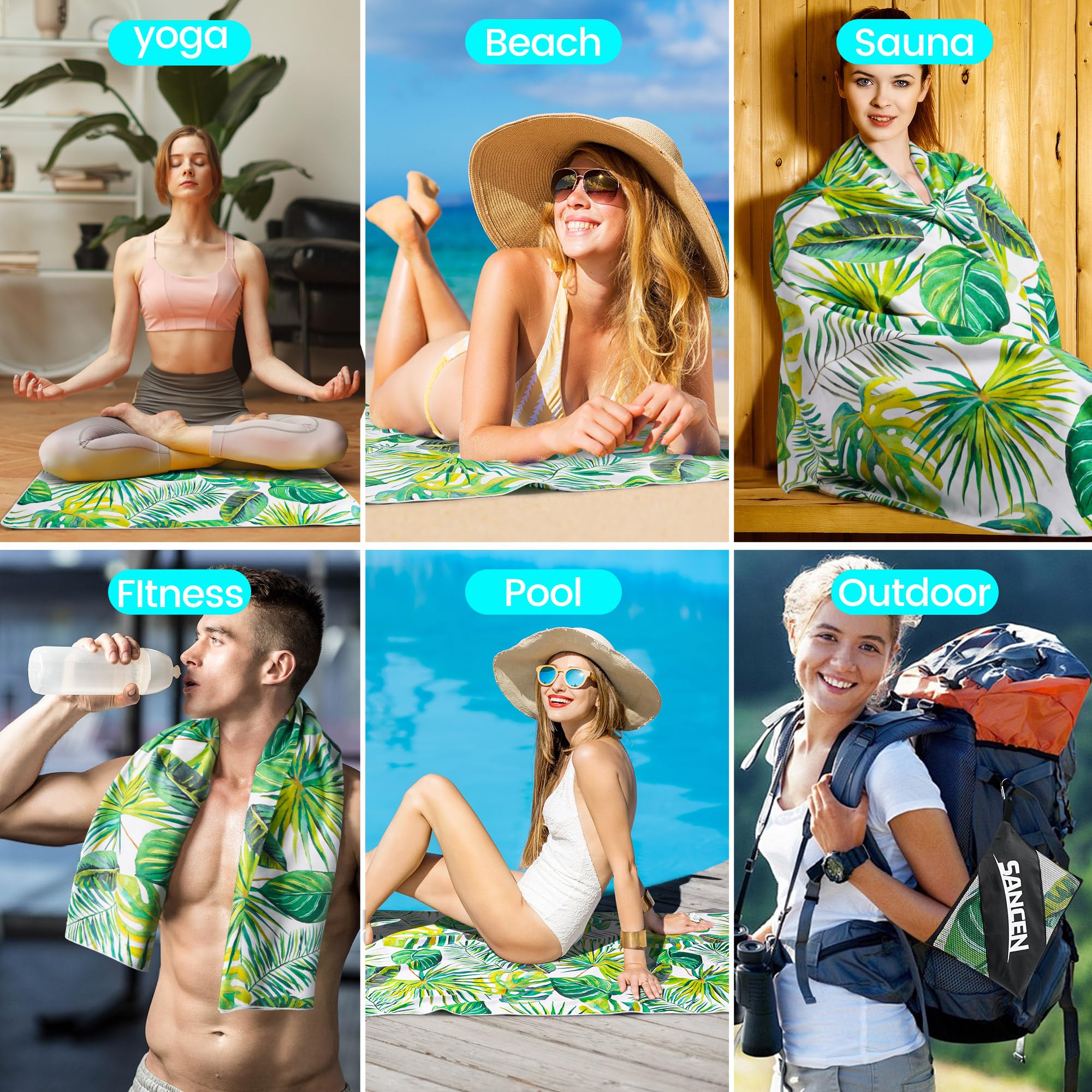 Telo Mare xxl set da 2-90 X 180 cm, Telo Mare Grande in Microfibra ad Asciugatura Rapida, Telo da Bagno Senza Sabbia, Coperta da Spiaggia da Donna (Verde + Rosa)