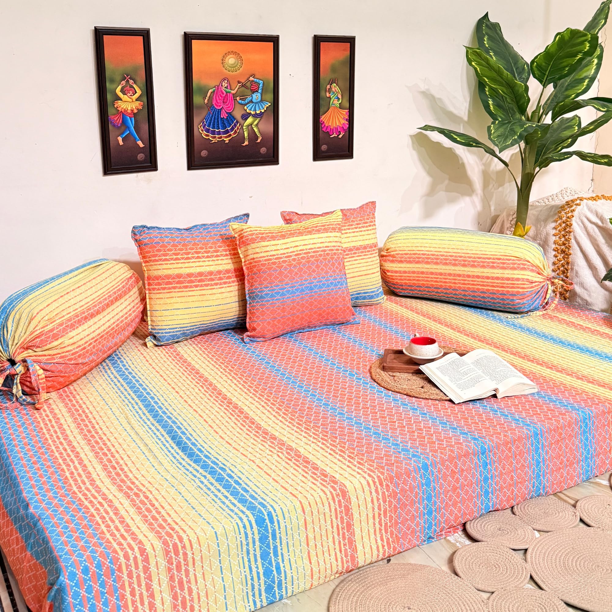 Diwan Bedsheet Set of 8 Pieces for Living Room Dining Hall (1 Single Bedsheet, 3 Cushion Covers, 2 Bolster) - Orange - Handloom Fabric Furniture Cover-picture-26