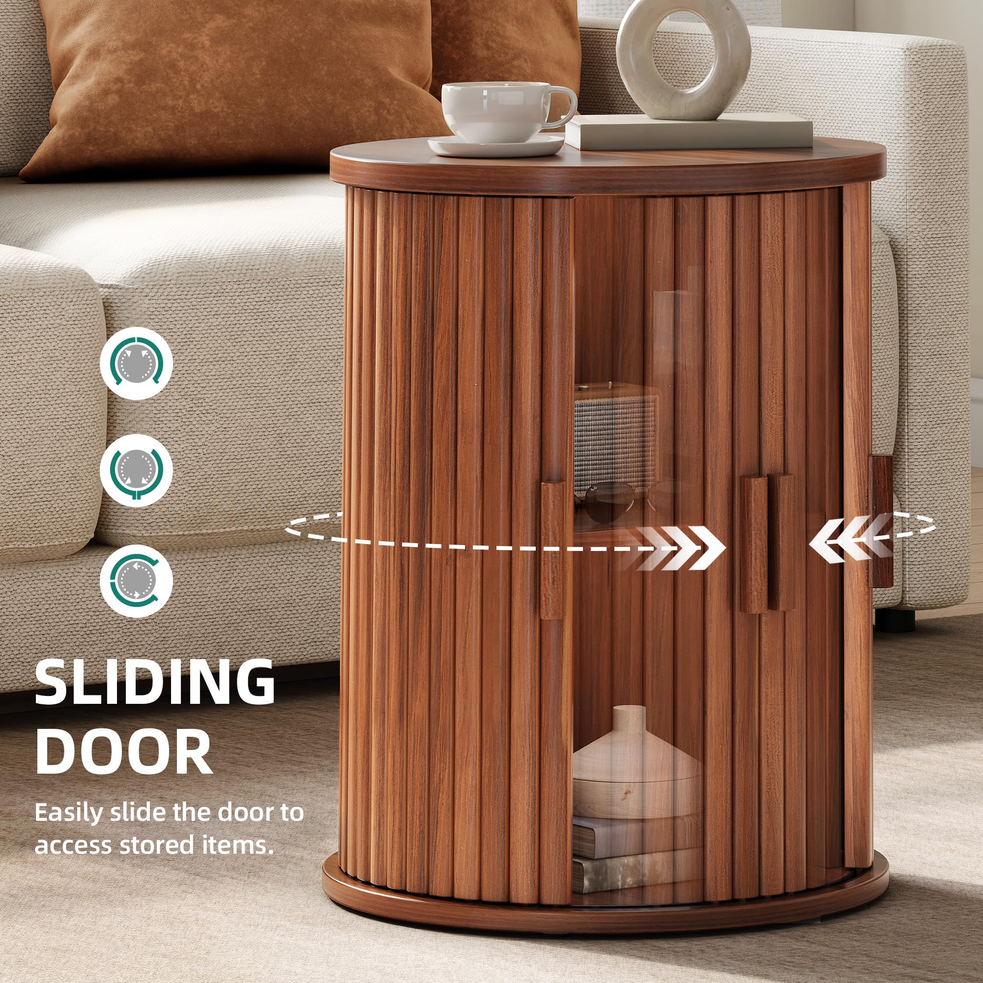 YITAHOME Runder Tisch mit Schiebetürenschrank, Kleiner Couchtisch, Walnut | Beistelltisch mit 2-stöckigem Aufbewahrungsregal für Schlafzimmer, Esszimmer, Wohnzimmer, Office, oder Wohnung, Nachttisch