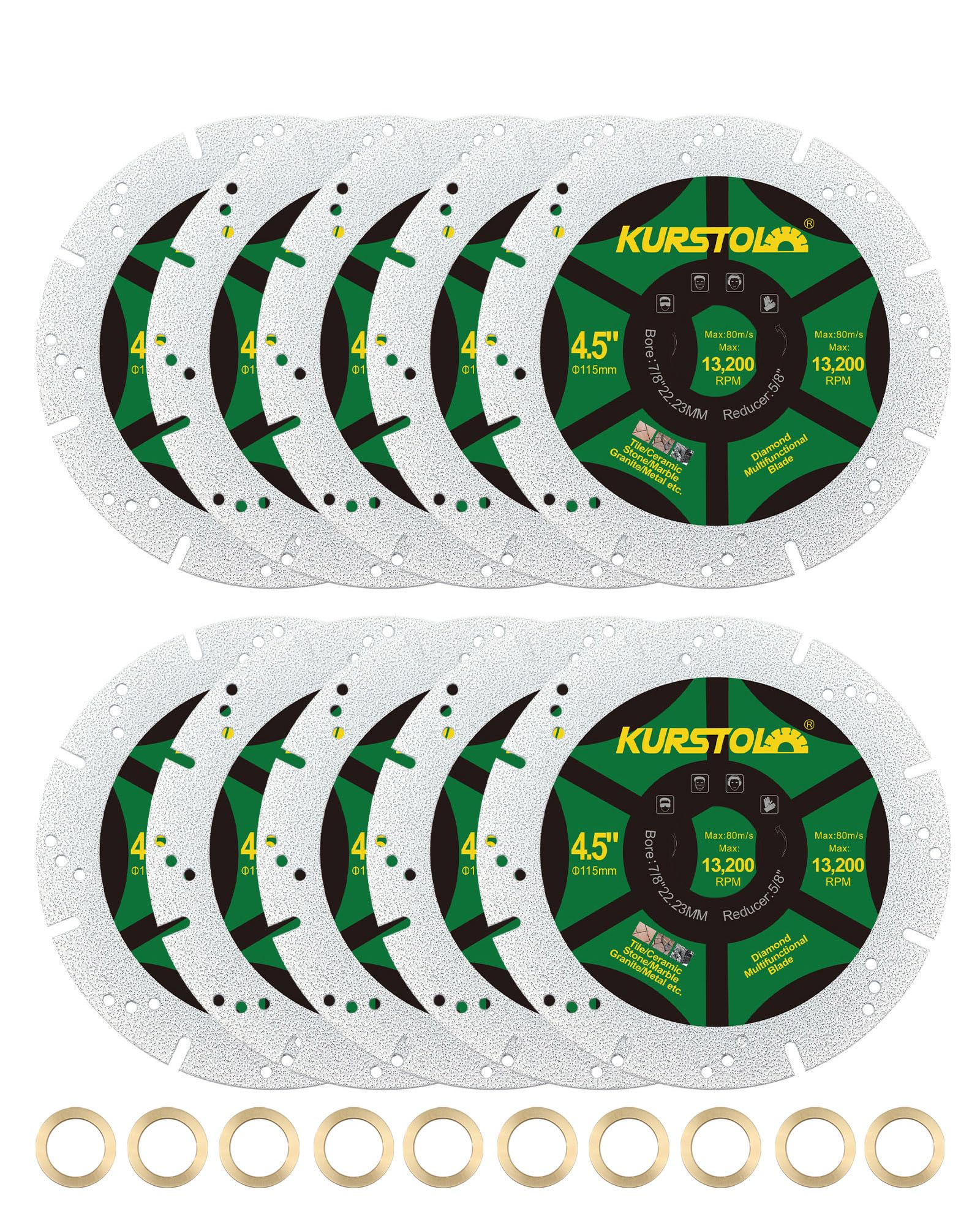 Disco Corte Diamante 115mm - KURSTOL 10 piezas Hojas de Sierra Multiusos de Diamante para Mármol, Granito, Azulejos, Cerámica, Porcelana, Metal y Piedra