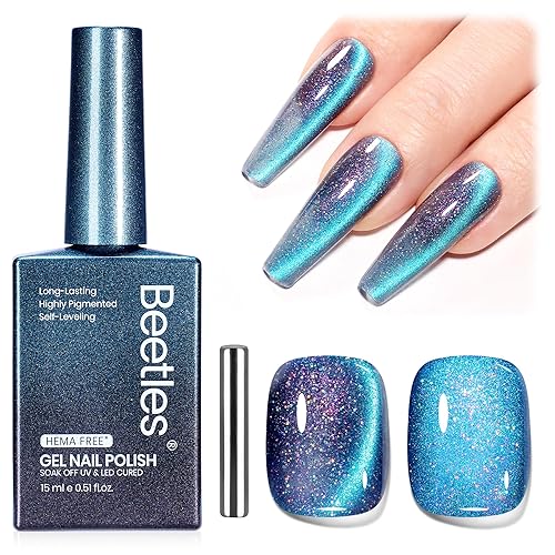 Miniatura 55 de Beetles Esmalte de uñas de gel ultravioleta semipermanente con brillantina holográfica y efecto magnético de ojo de gato, para otoño, arte de uñas y
