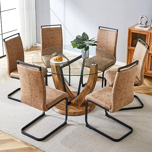 Miniatura 49 de JUFU Juego de mesa redonda de comedor para 6 con sillas, juego de mesa y sillas de 48" compuesto por 6 piezas con superficie de mármol y asiento