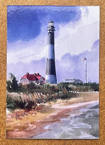 Miniatura 2 de Faro de Fire Island, Nueva York, Retrato para nevera de 3.5 x 5. Cielo dramático, torre de rayas blancas y negras en la playa. Pintura de acuarela