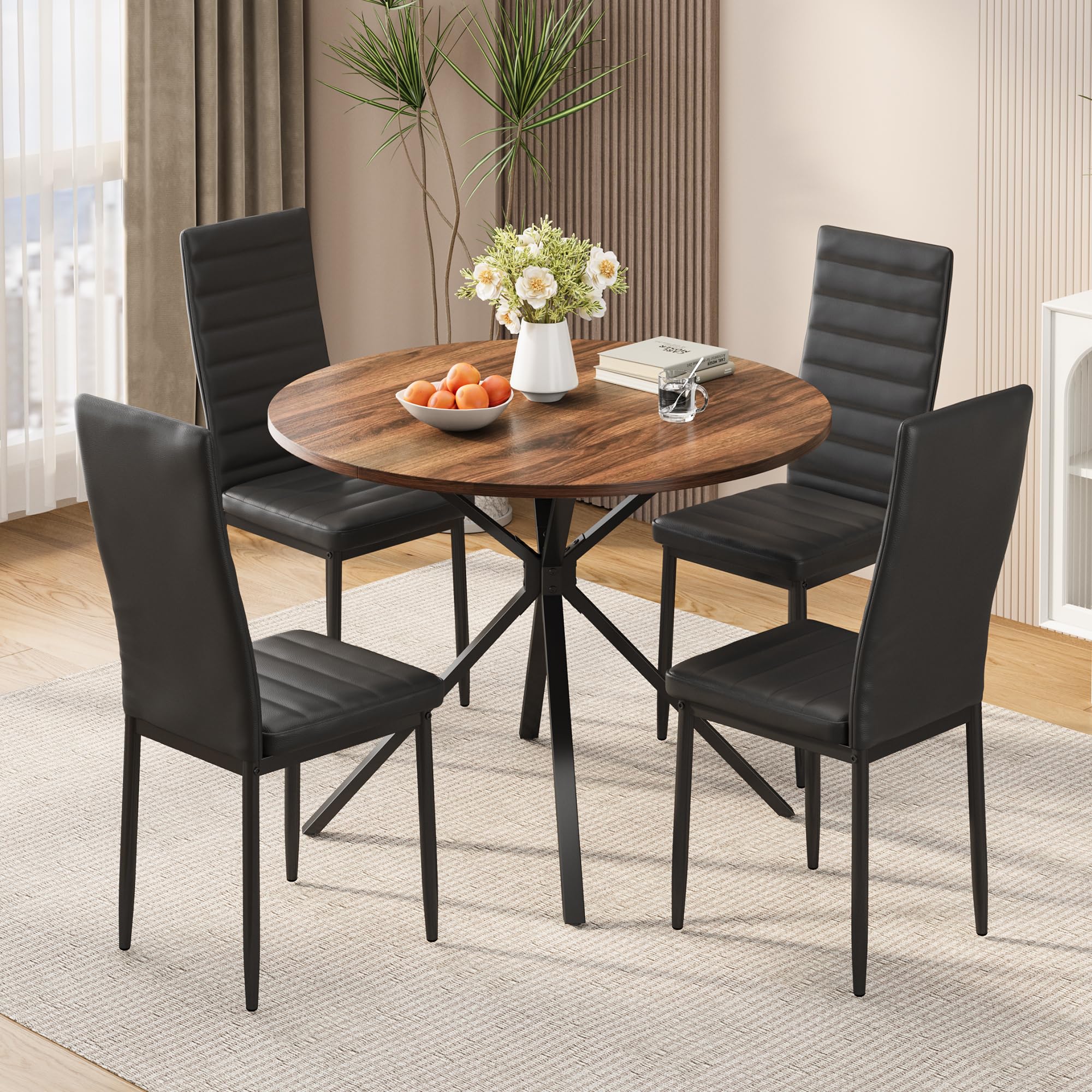 Xbro Essgruppe 5-Teilig, Runder Esstisch Ø100 cm und 4 Polsterstühle, Moderner Holz-Esstisch mit gepolsterten Esszimmerstühlen, für Küche, Esszimmer, Wohnzimmer, Vintage