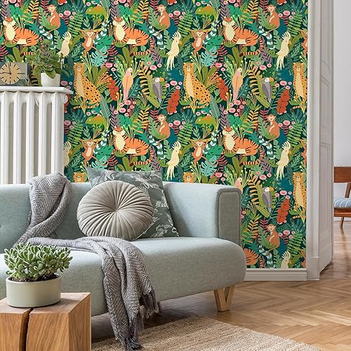 Miniatura 6 de CHIHUT Papel tapiz de animales de la selva de 17.7 x 100 pulgadas, papel tapiz removible para niños, papel tapiz de leopardo y pájaro de leopardo,