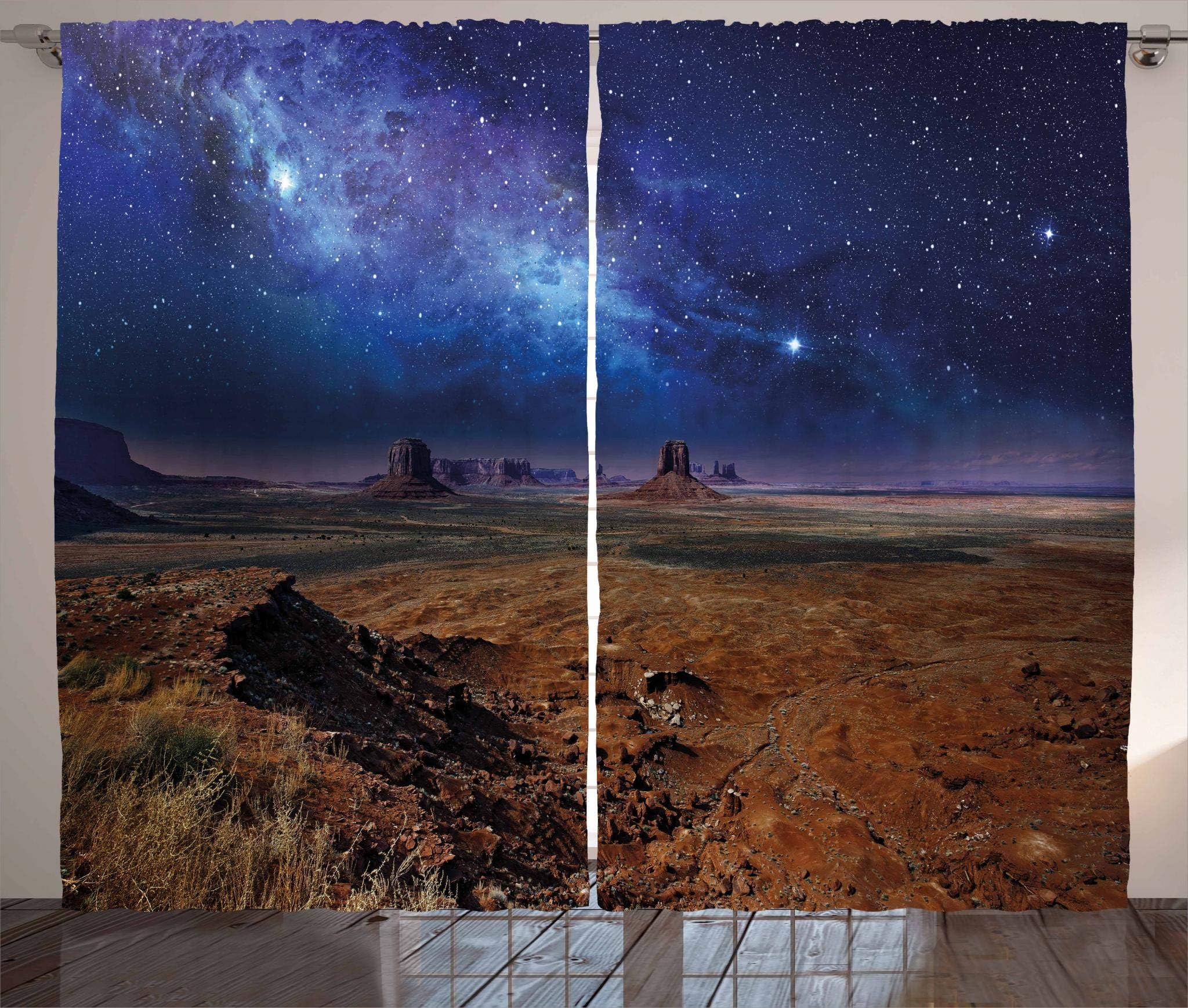 Ambesonne Night Sky Curtains, Nebula Starry Stars in Desert Monument Valley Utah Arizona USA Landscape, Living Room Bedroom Window Drapes 2 Panel Set, 108" X 63", Blue Brown