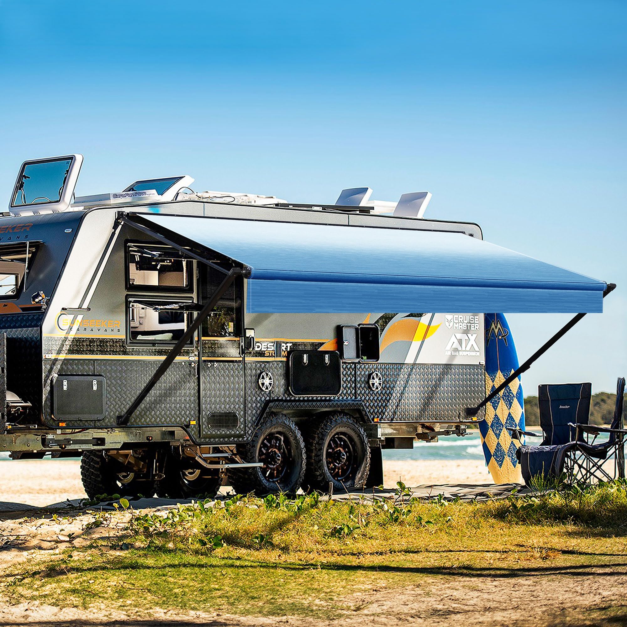YESCAMP ブラック 手動格納式 RV オーニング コンプリート電動アームキット ファブリックとフルアクセサリー 5thホイール トラベルトレーラー おもちゃ運搬に最適 ブラックフレーム オーシャンブルーフェード 17フィート (16フィート2インチの生地)