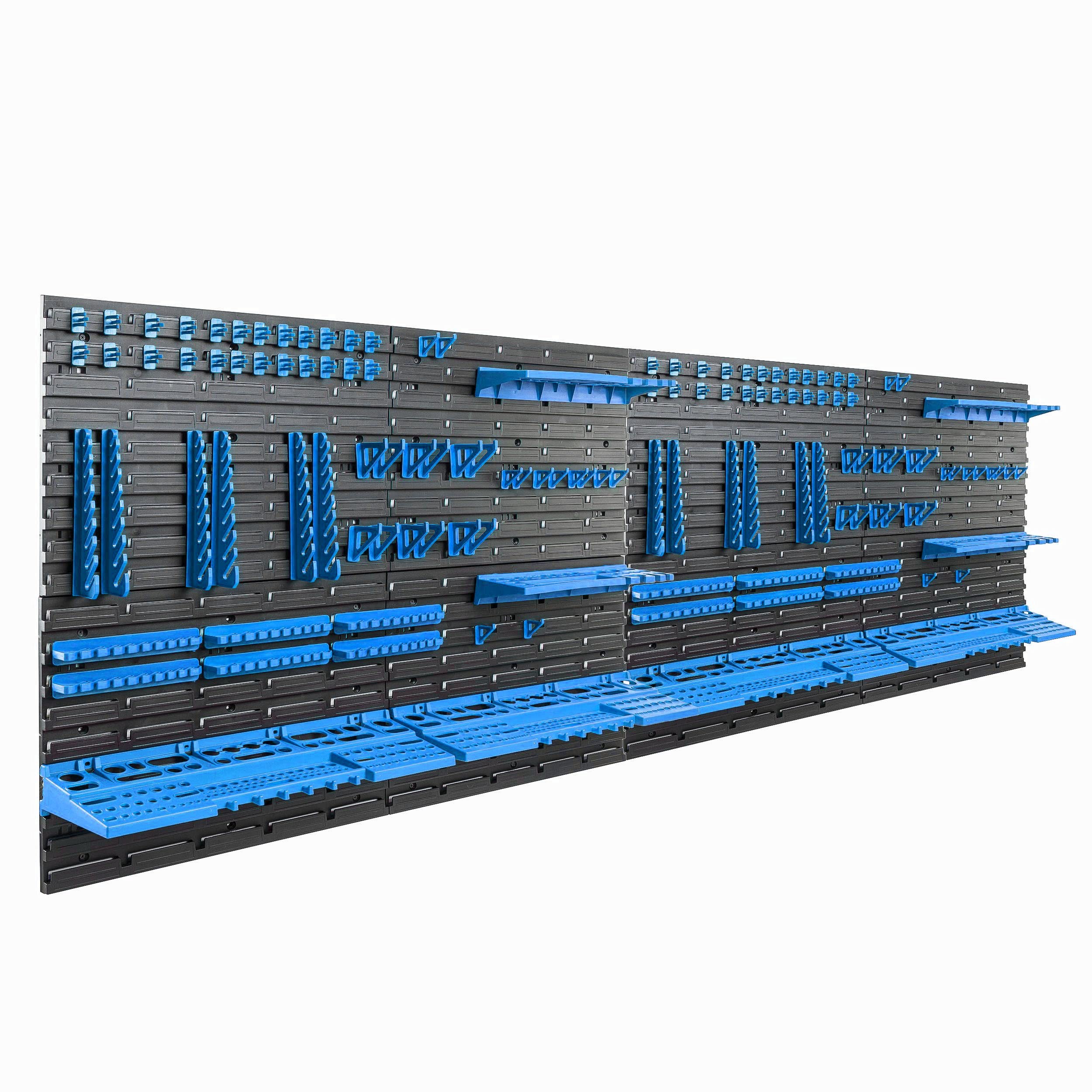 botle Estantería de pared con sistema de almacenamiento de herramientas 234 x 78 cm, portaherramientas de plástico azul, para garaje, taller, paredes