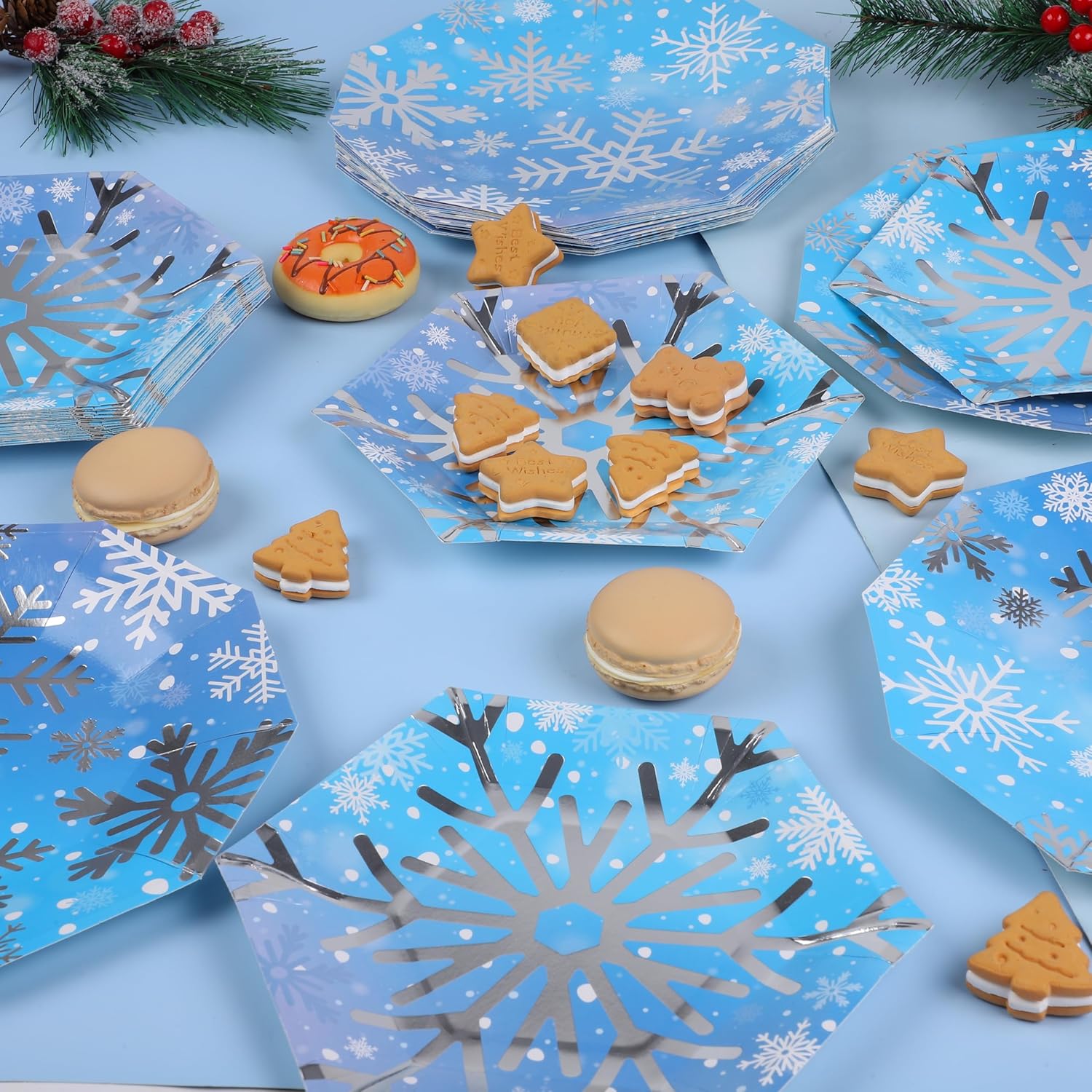 durony 100 Pack Frozen Birthday Party Plates Winter Snowflake Silver Stamping Plates Snowflake Paper Plates 9 Inch and 7 Inch Dessert Plates for Christmas Winter Wonderland Party Frozen Supplies - Image 5