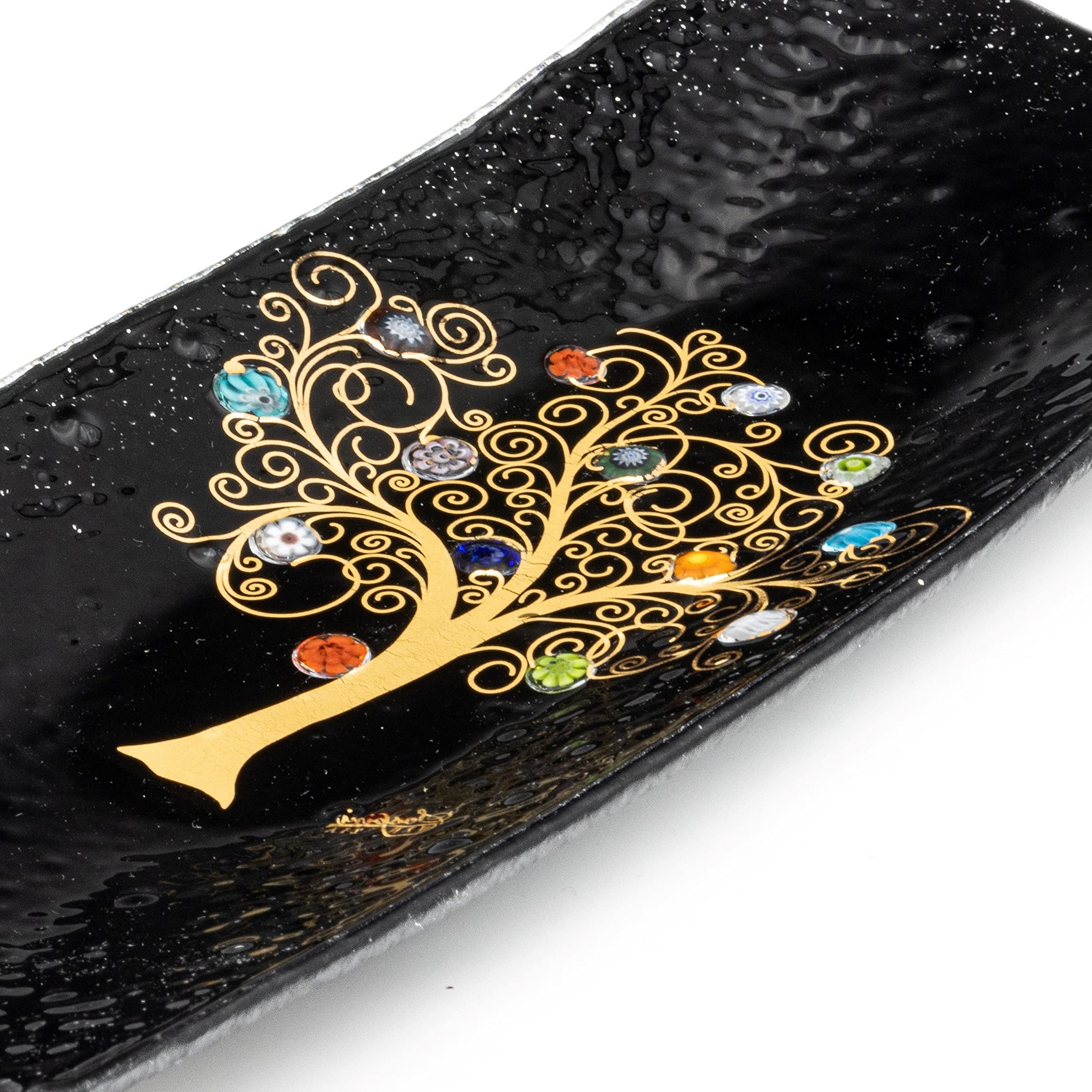 Sospiri Venezia Svuotatasca Piatto Soprammobile Albero della Vita Vetro Murano Decorato Murrine e Foglia Oro Idea Regalo Realizzato a Mano Made Italy (30x13 cm)