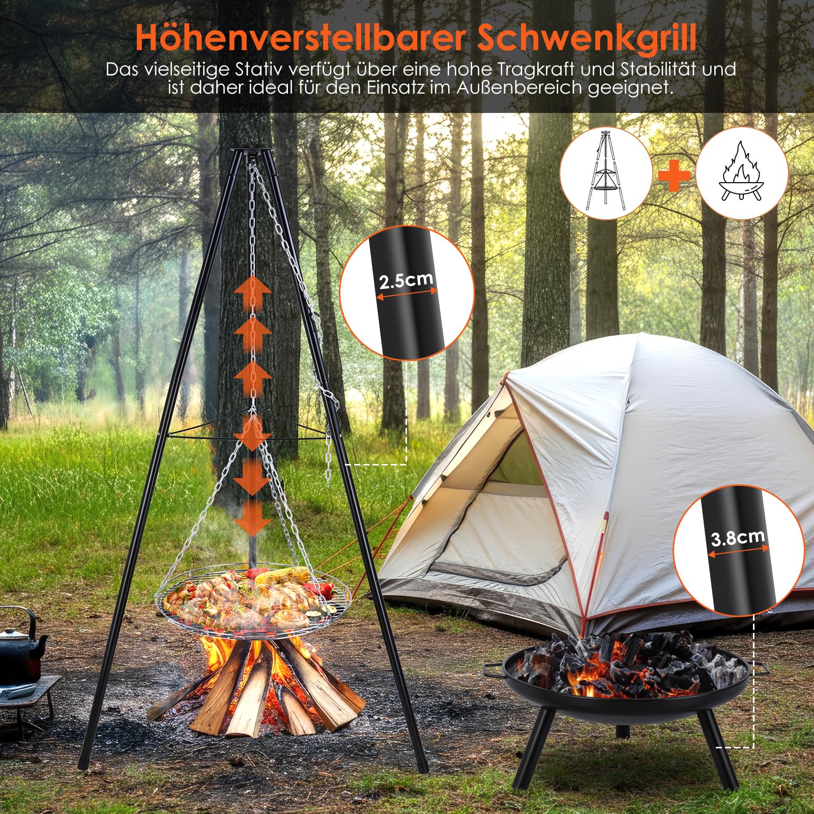 TLSUNNY Schwenkgrill Feuerschale mit Grillrost, Höhenverstellbarer Kette | Dreibein Grill mit Ø68 cm Feuerkorb, 3PCS Beine, BBQ Feuerstelle mit Griff, Feuerschalen für den Garten zum Grillen, Heizen