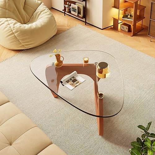 Miniatura 9 de Mesas de café de vidrio pequeñas de estilo granja, mesa central de madera moderna de mediados de siglo para la sala de estar, nogal transparente, 32