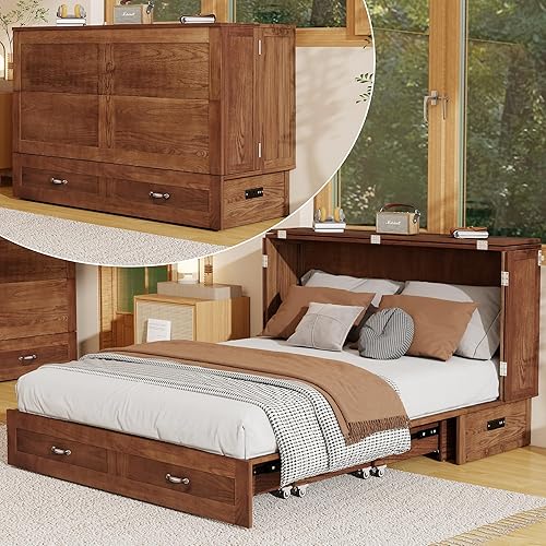 Solid Wood Murphy Bed Cabinet：Queen Size Murphy Bed with USB Charging Station and Large Storage Drawer for Home，Optimize Sleeping Space（Mattress Not Included） Vintage Brown-17