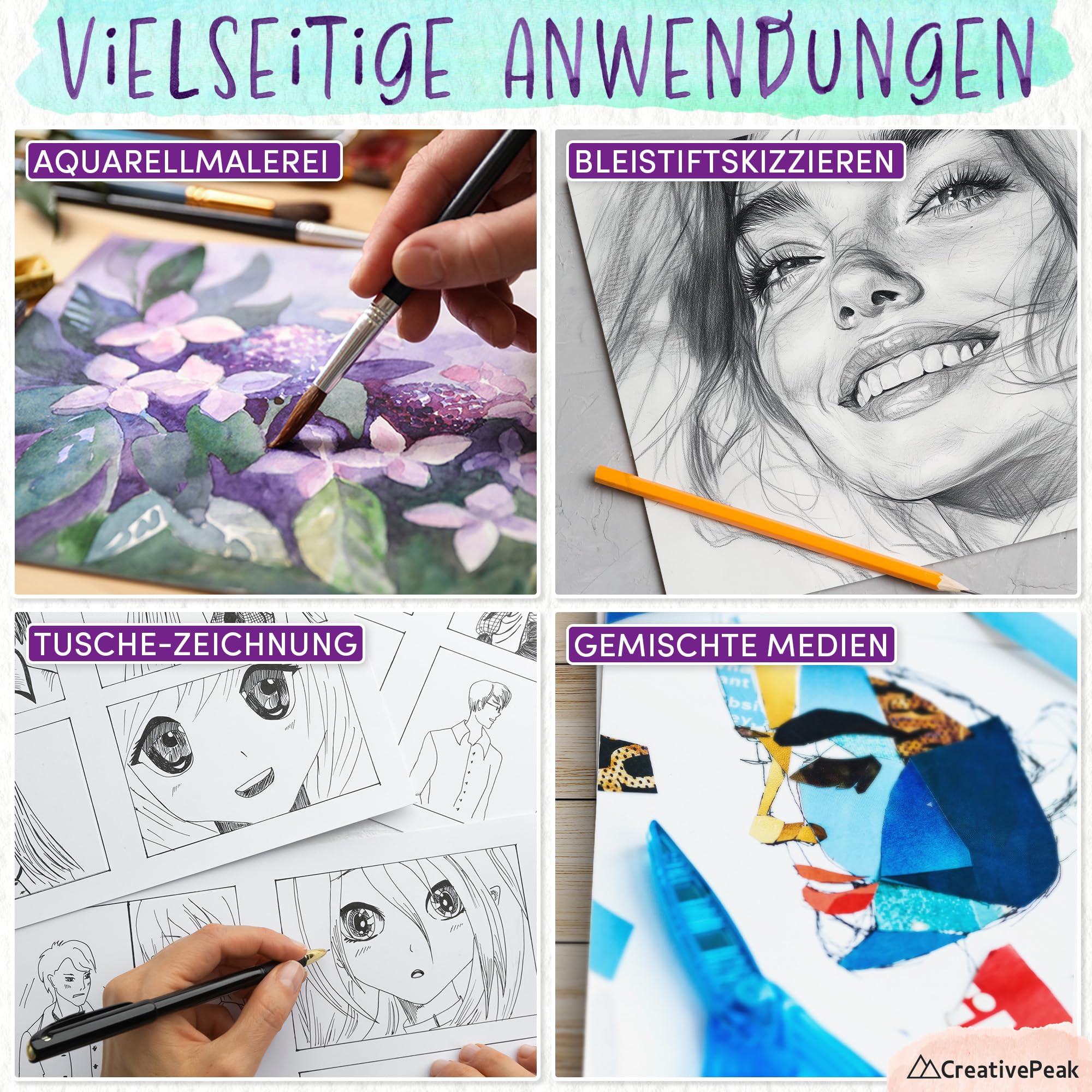 Aquarellpapier-Malblock (96 Blatt, A5-Format (14,8 x 21 cm), 3er-Pack) – Premium 300 g/m² dickes, professionelles Mixed-Media-Skizzenbuch – von CreativePeak