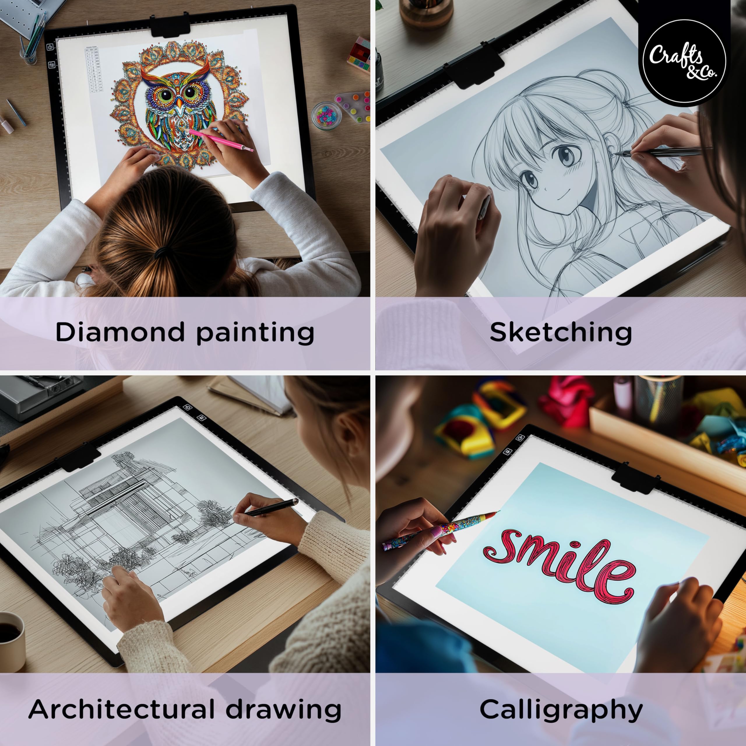 Crafts&Co® Lightpad A3 wiederaufladbar für Diamantmalerei, Zeichnung, Tätowierung | Dimmbares Lichtpad für Kinder und Erwachsene | Lichtpad LED mit USB | 470x345mm