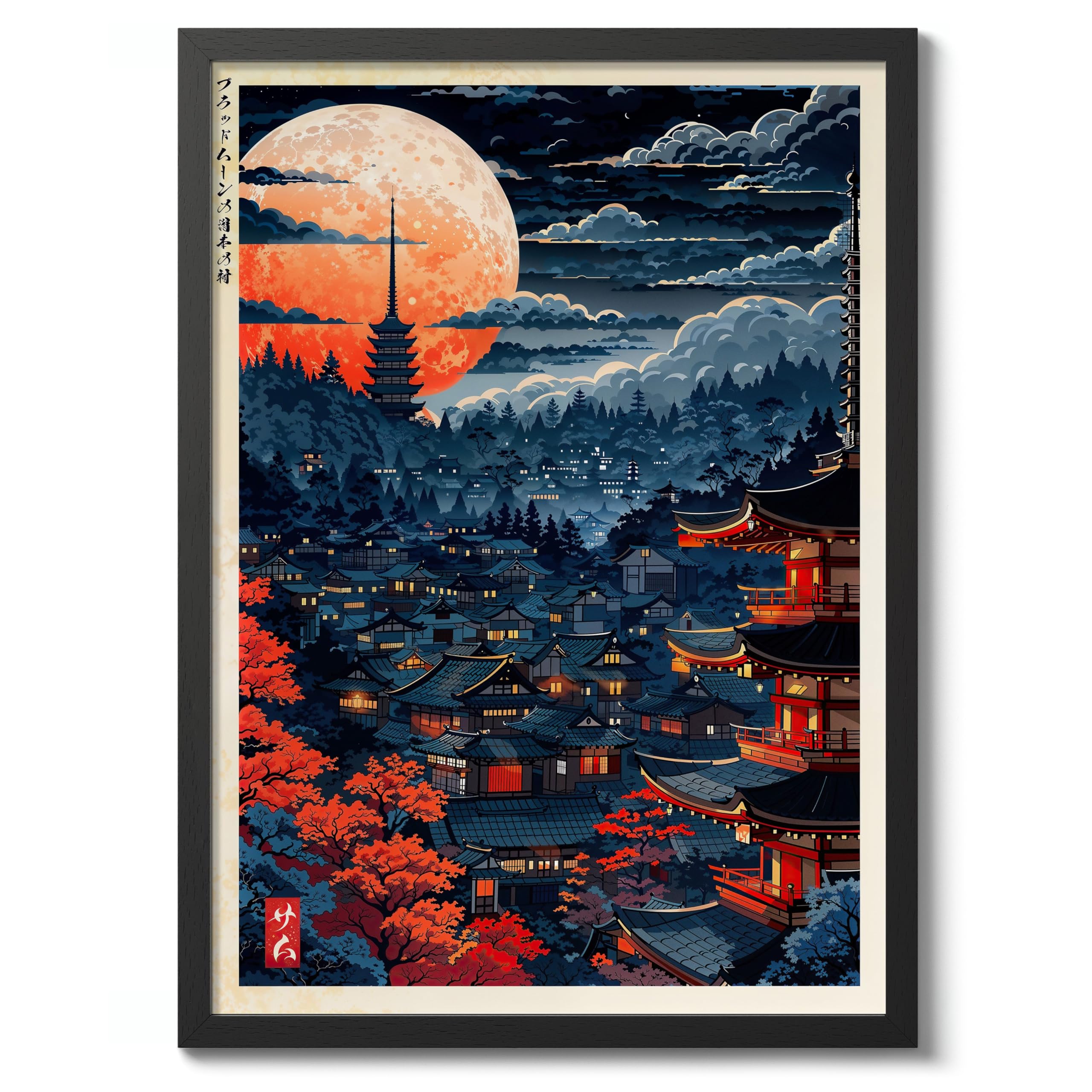 Osaka Blood Moon Anime Woodblock Poster Modern Ukiyo-E, Japanese Cartoon Illustration Print, Archival Matte, A1 (Black Frame) - 84.1x59.4cm