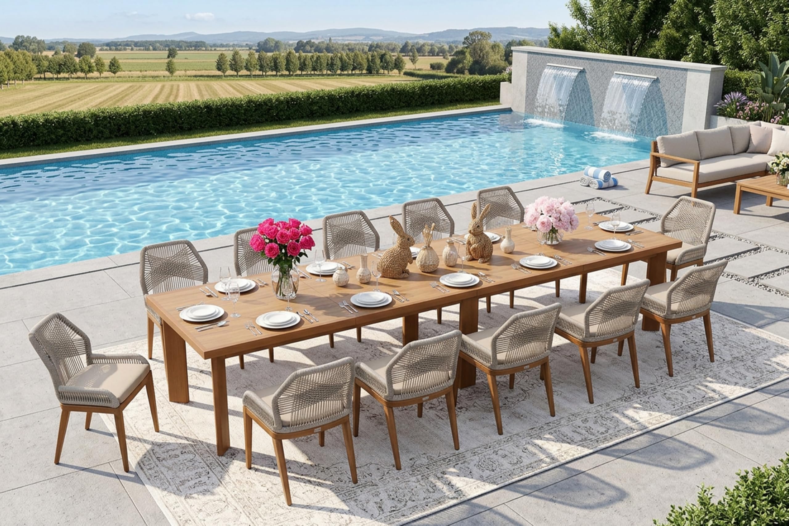 PURPLE LEAF 13 Pieces Patio Dining Set with Cushion and Backrest, Deep Teak