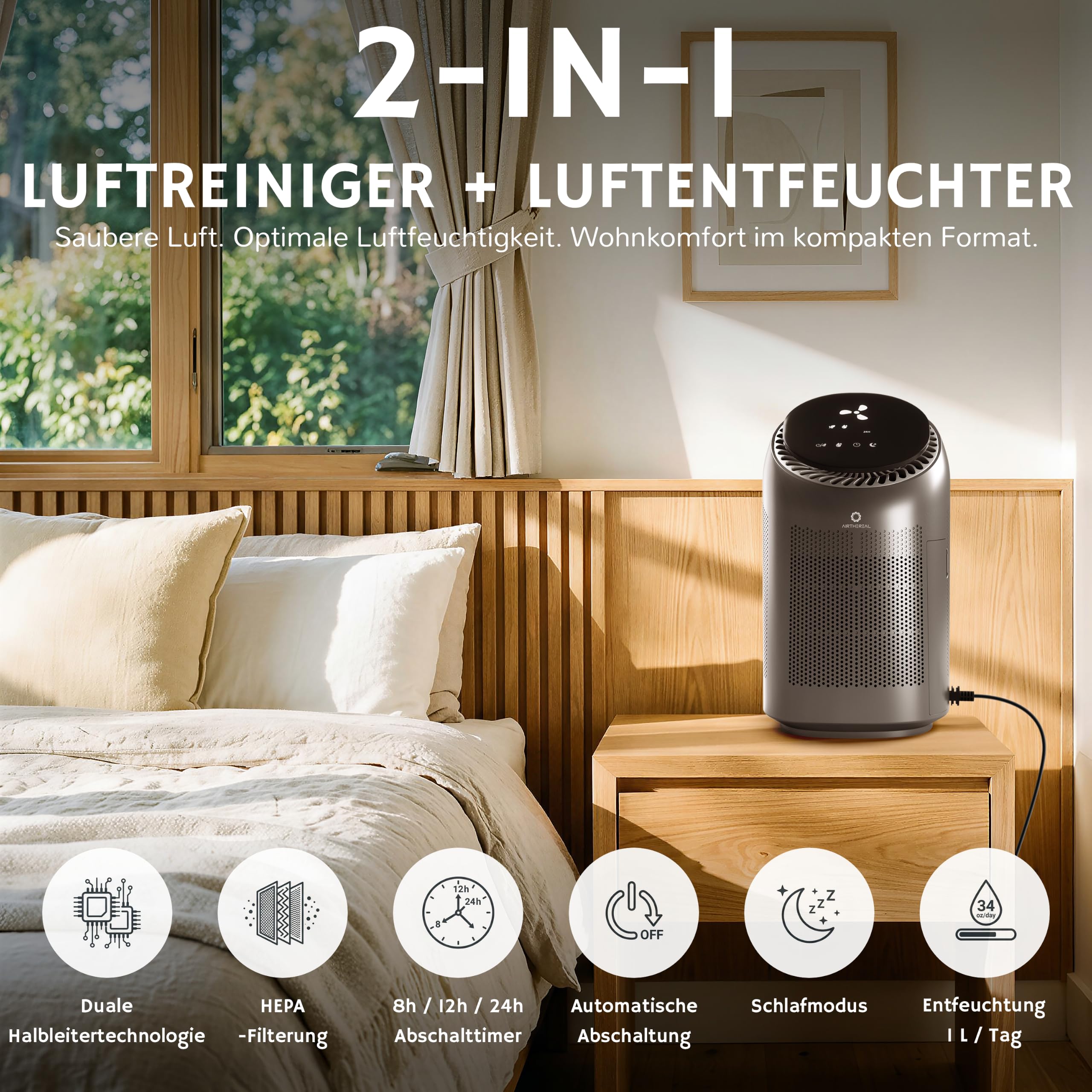 Airthereal 2-in-1 Luftentfeuchter & Luftreiniger mit HEPA, 1000ml/D