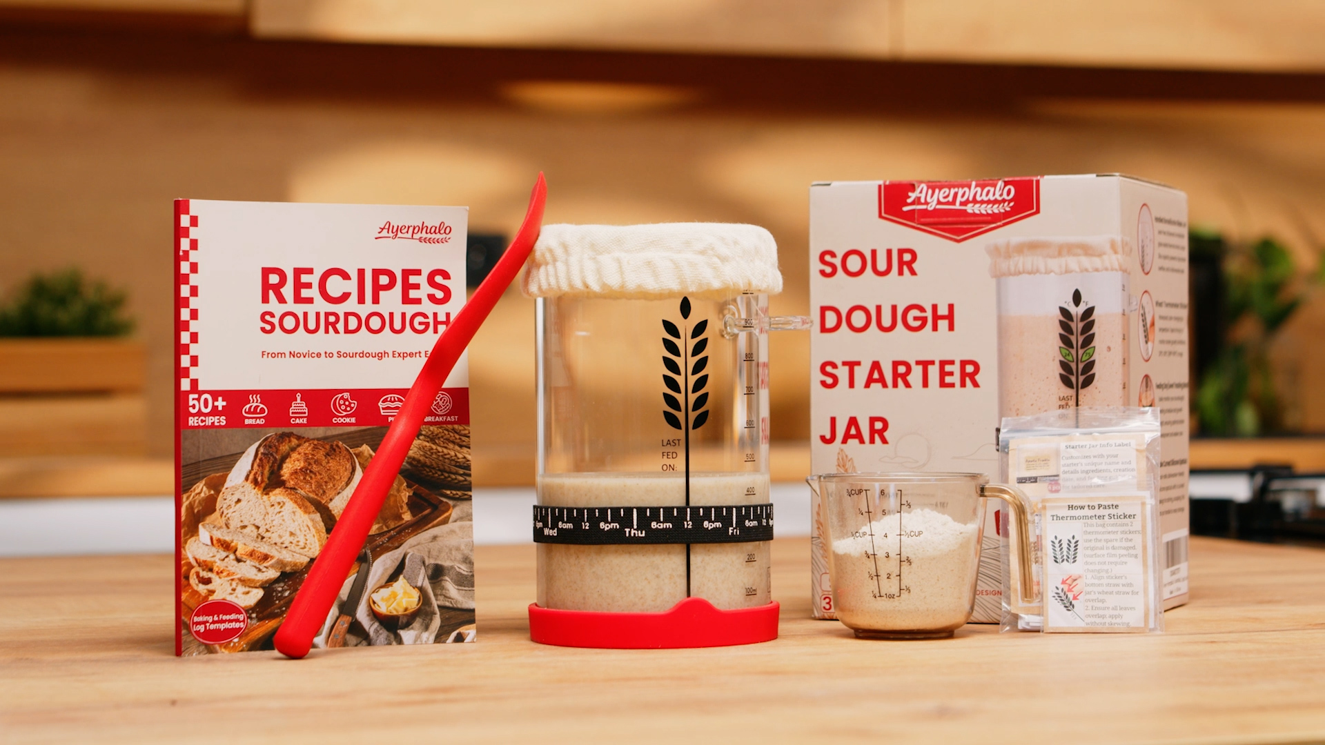 Sourdough Starter Kit - 13 Piece Set With Glass Jar, Feeding Band, Thermometer, Lid, Whisk & Spatula For Bread Baking