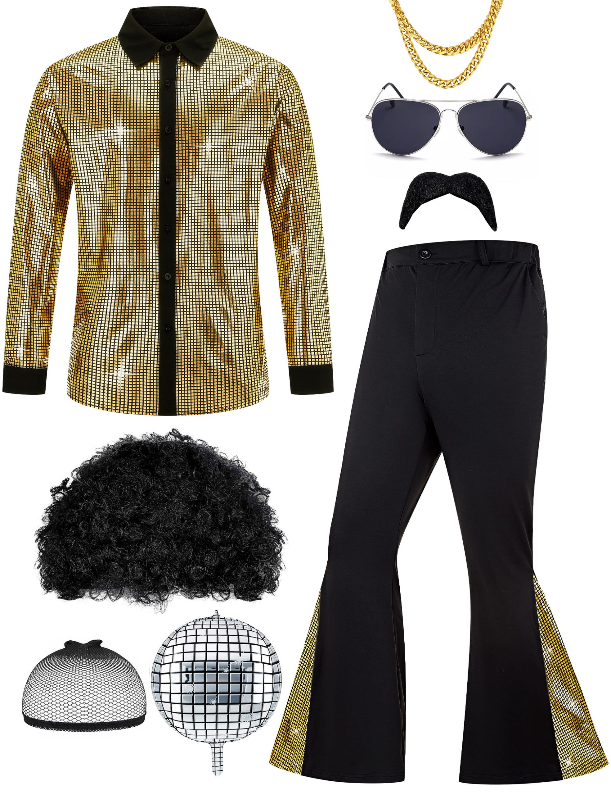 Hombres 70s Disco Adulto Disfraz de Halloween Incluye Camisa Retro Pantalones de campana Peluca Gafas de sol Collar Bigote Peluca Gorro para Fiesta