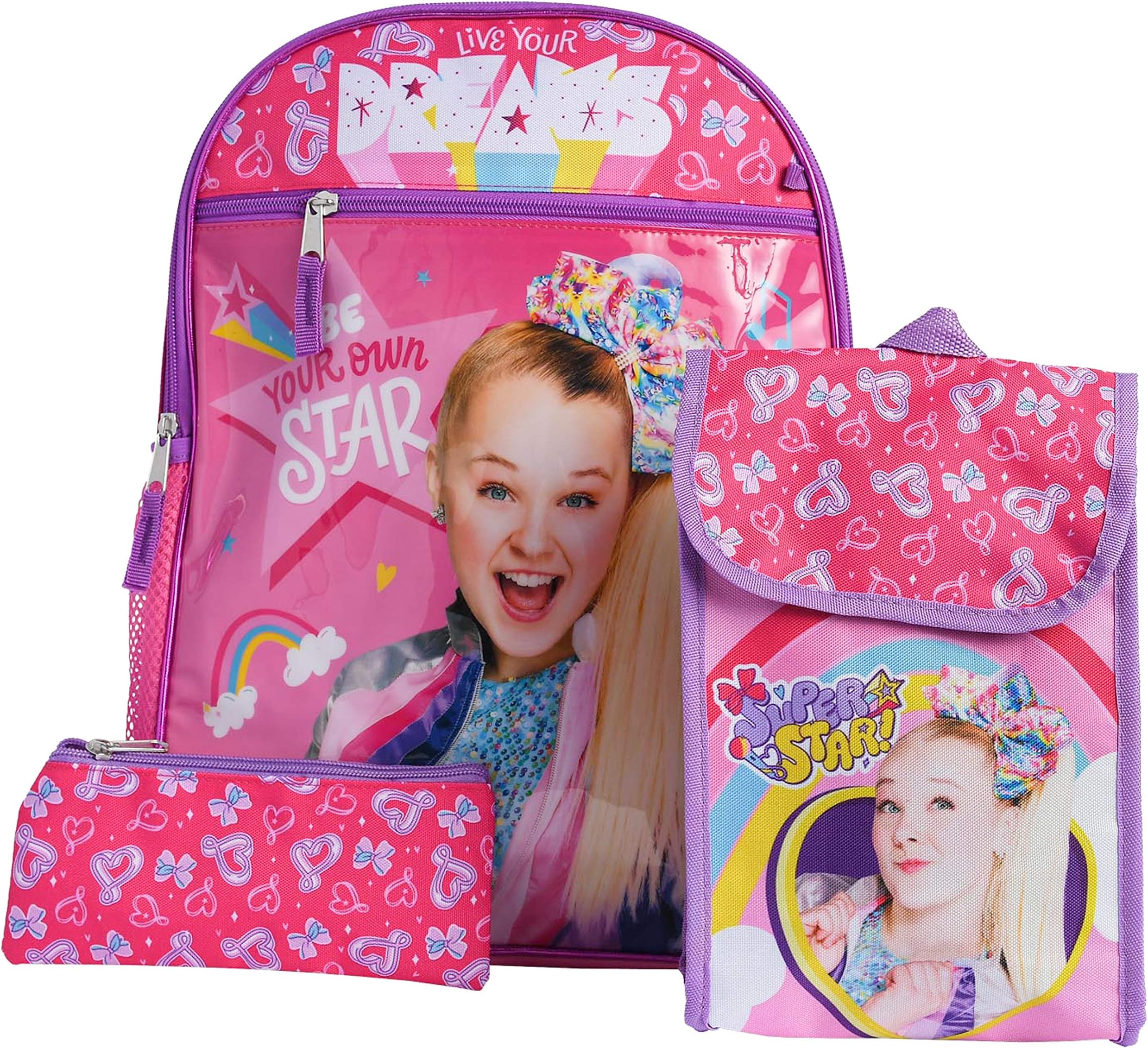 JoJo Siwa 16" Backpack Lunch Bag Pencil Case 3-Piece Set (Stars Bows Print)