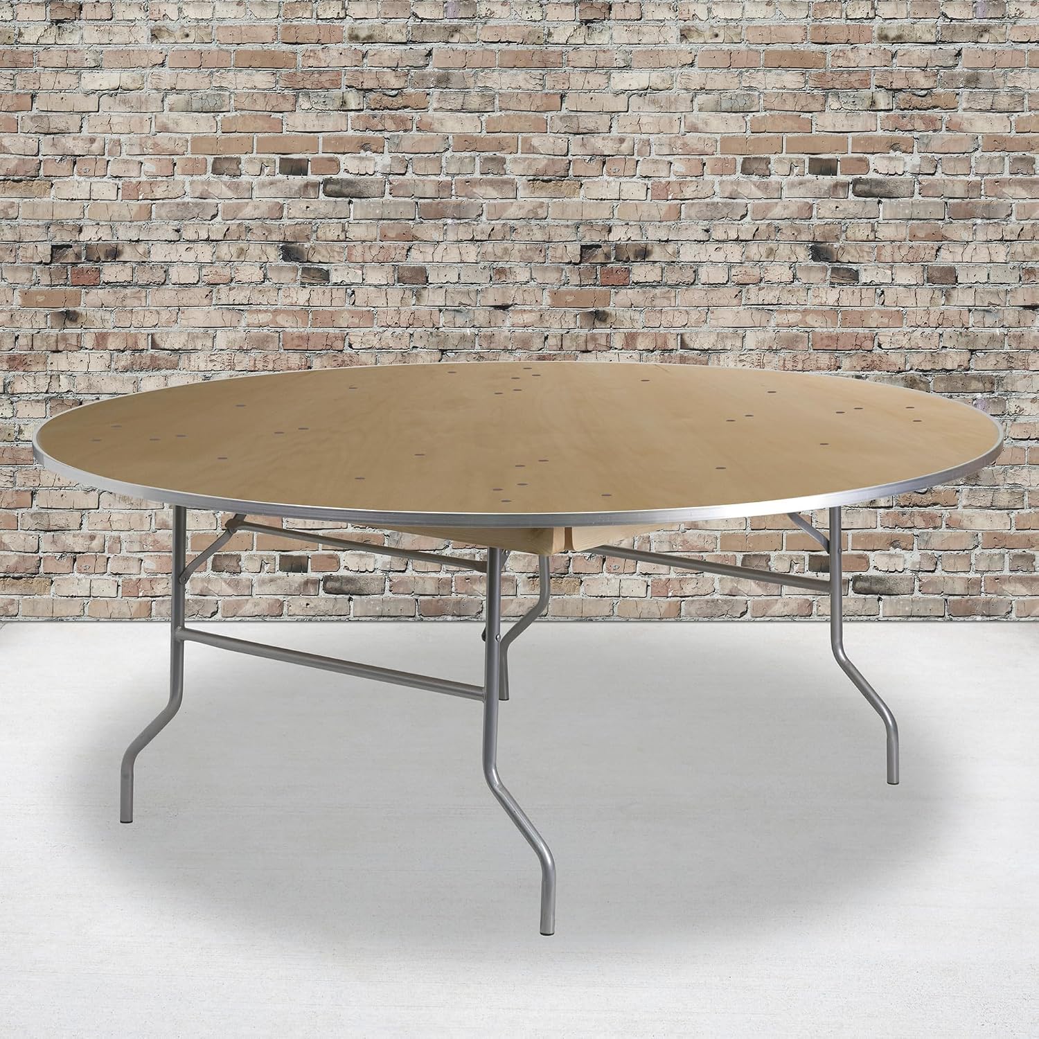 BOWERY HILL Round Birchwood Folding Banquet Table, 72 in Diameter, 0.75 in Thick Plywood Top with Aluminum Edge, Silver Powder Coated Locking Wishbone Legs, Durable Commercial Grade?
