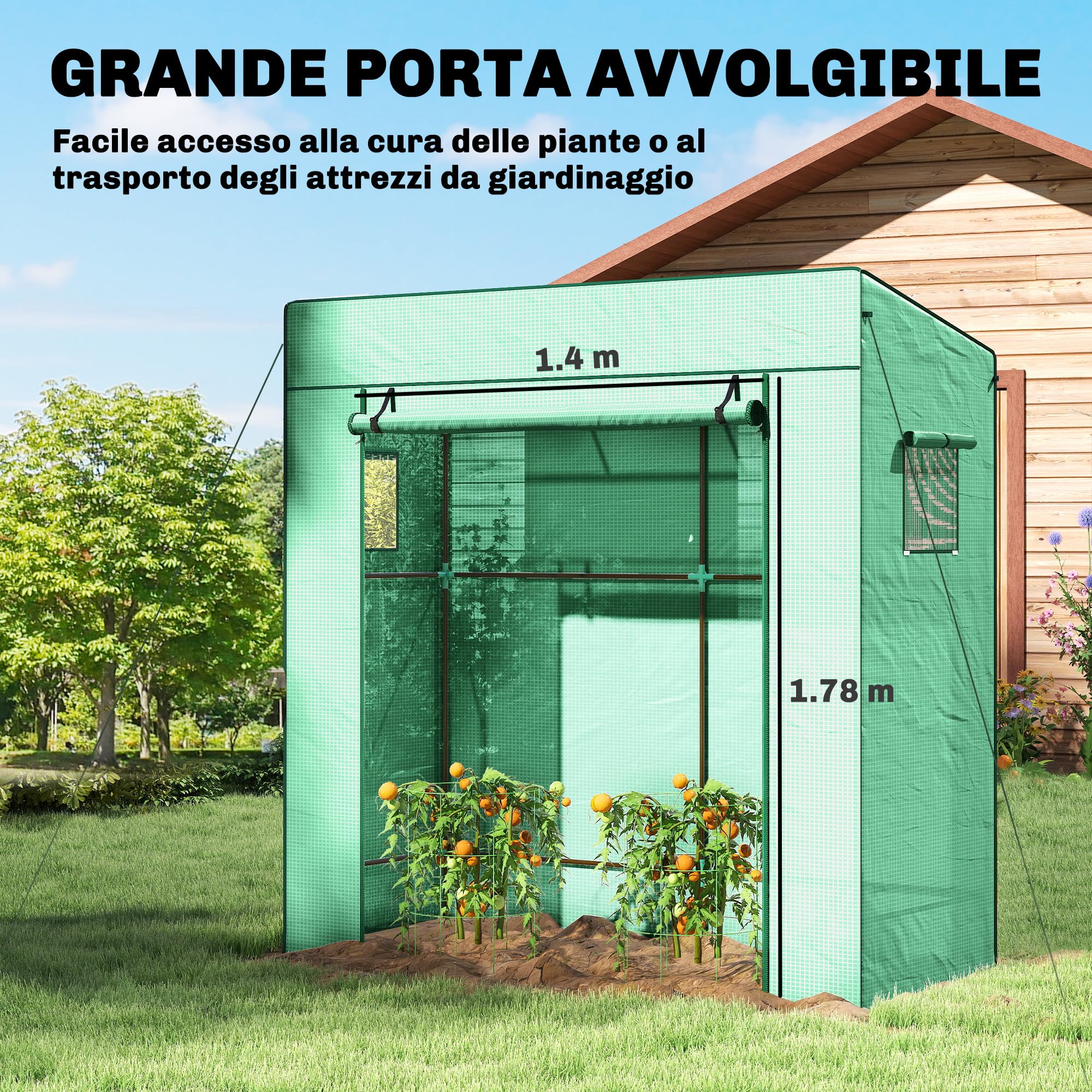 Outsunny Serra da Giardino con Tetto Inclinato, 2 Finestre e Porta Avvolgibili, Serra per Orto con Struttura in Acciaio, Copertura in PE Anti-UV, per Orto Verdure Fiori Piante, 196x77x197 cm, Verde