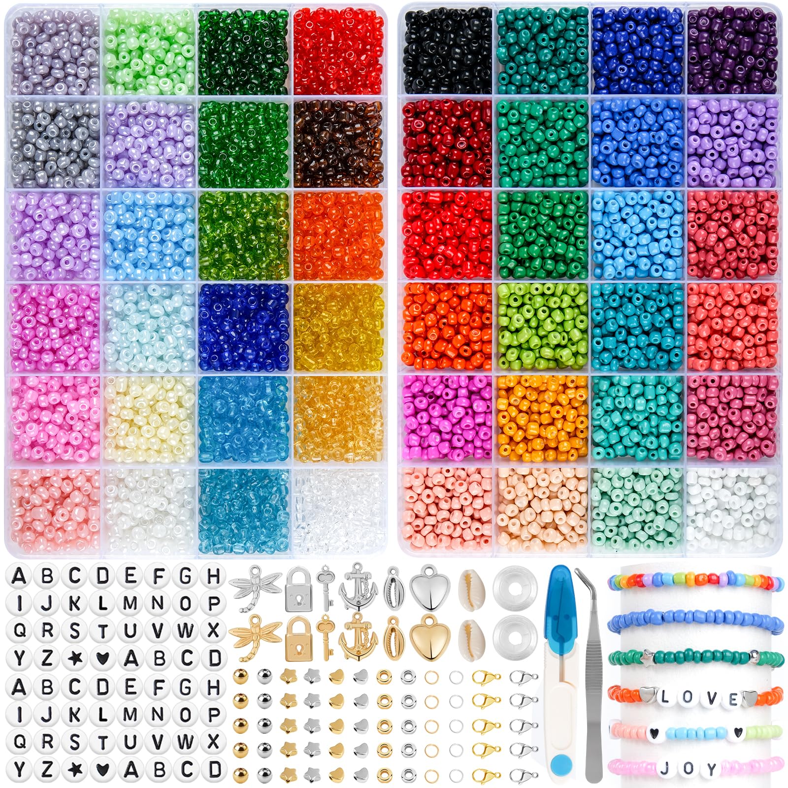 Ruby 4 mm Bracciali, 48 colori palline per realizzare braccialetti con 300 lettere perline per bracciali perline bracciali regalo per bambini e adulti a Natale, feste, premi ecc.