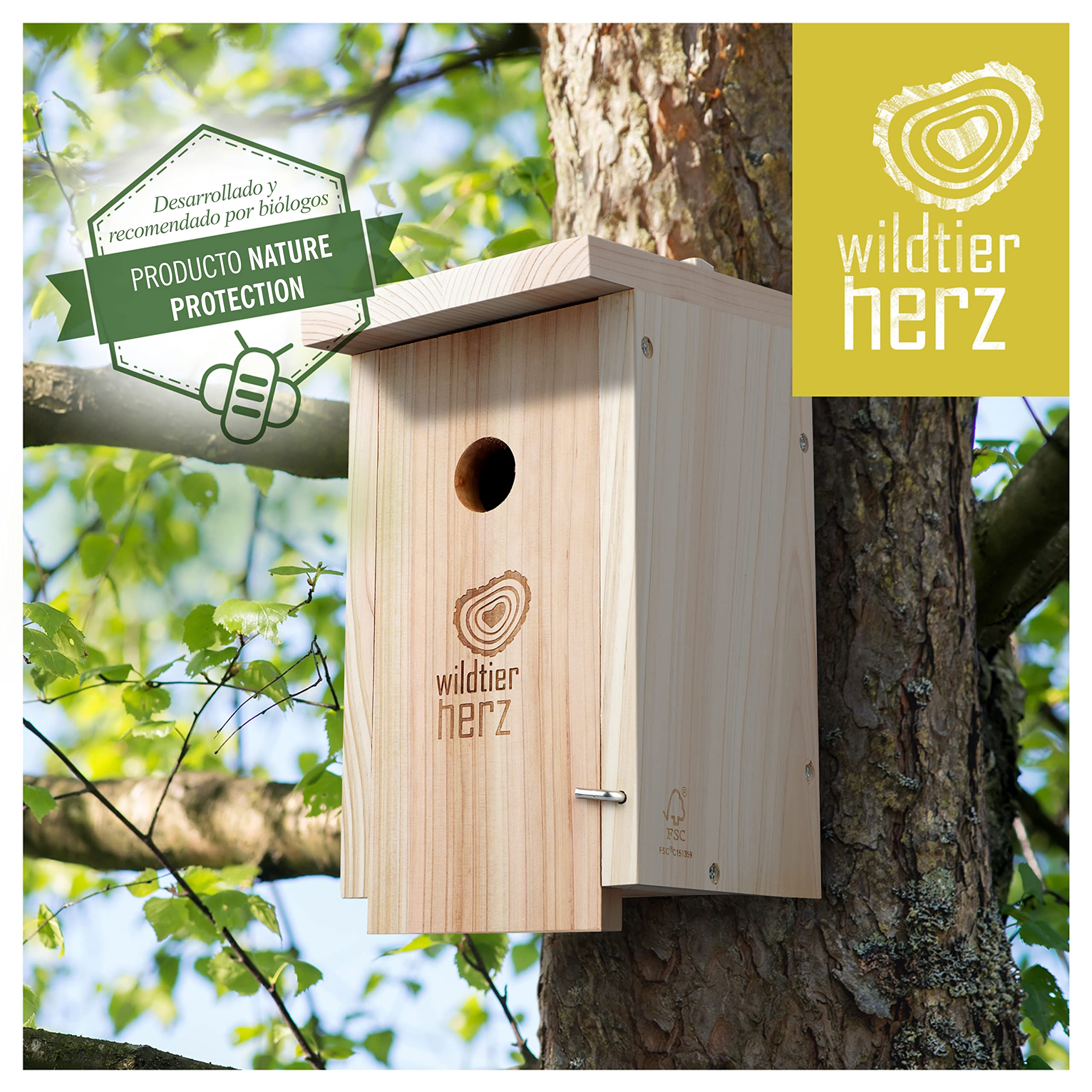 corazón Animal Salvaje | Nido para Carbonero Común - atornillada, sin Tratar, Resistente a la Intemperie, casa para pájaros, Ayuda para nidos con Orificio de Entrada de 32 mm