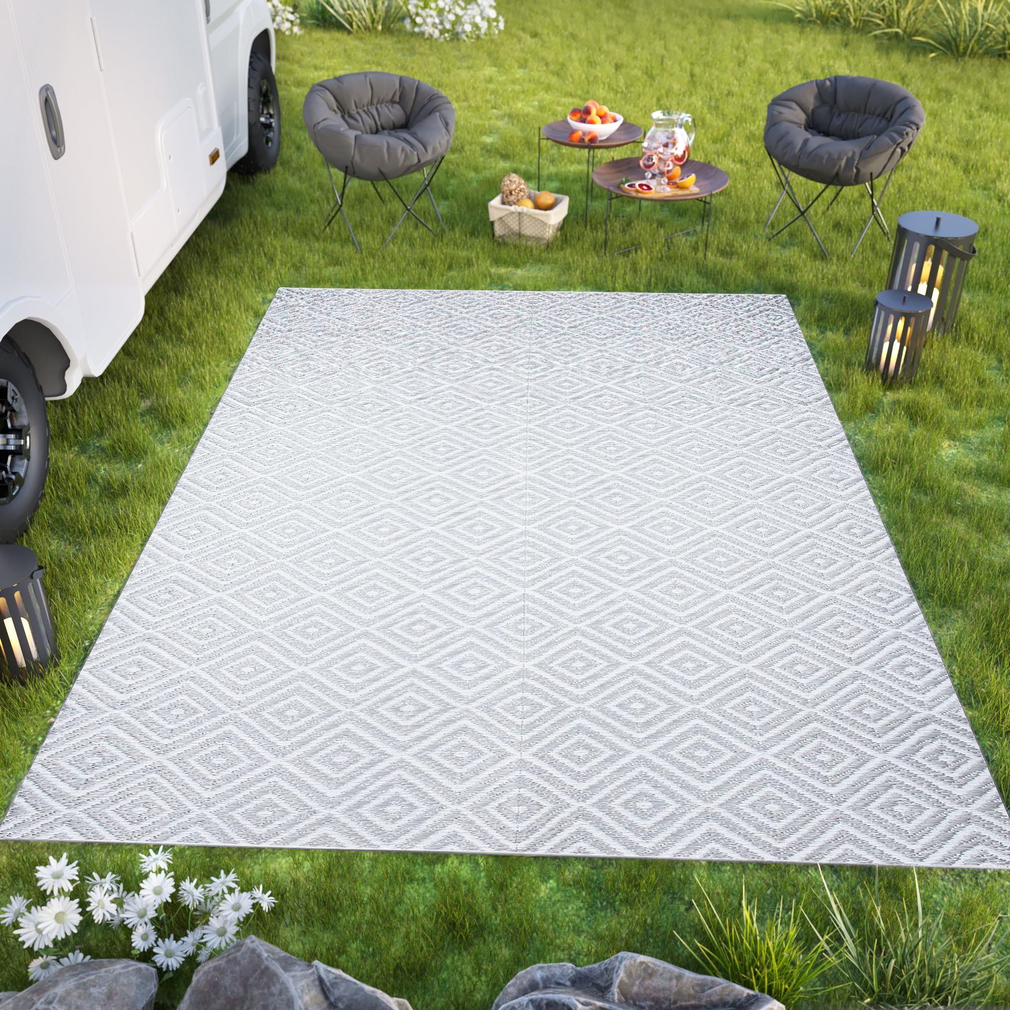 TAPISO Ibiza Tappeto Outdoor Impermeabile Pieghevole Plastica Lavabile Reversibile Resistente ai Raggi UV Bianco Grigio Picnic Spiaggia Giardino Balcone Campeggio Oeko-Tex 90 x 150 cm