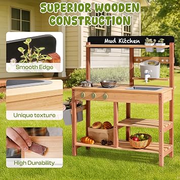 ROBOTIME Mud Kitchen Kids Outdoor Wooden Kitchen Playset Water Sink Storage Faucet Flower Pot Cooking Accessories Gift for Boys & Girls Educational Outdoor Toys for Ages 3+