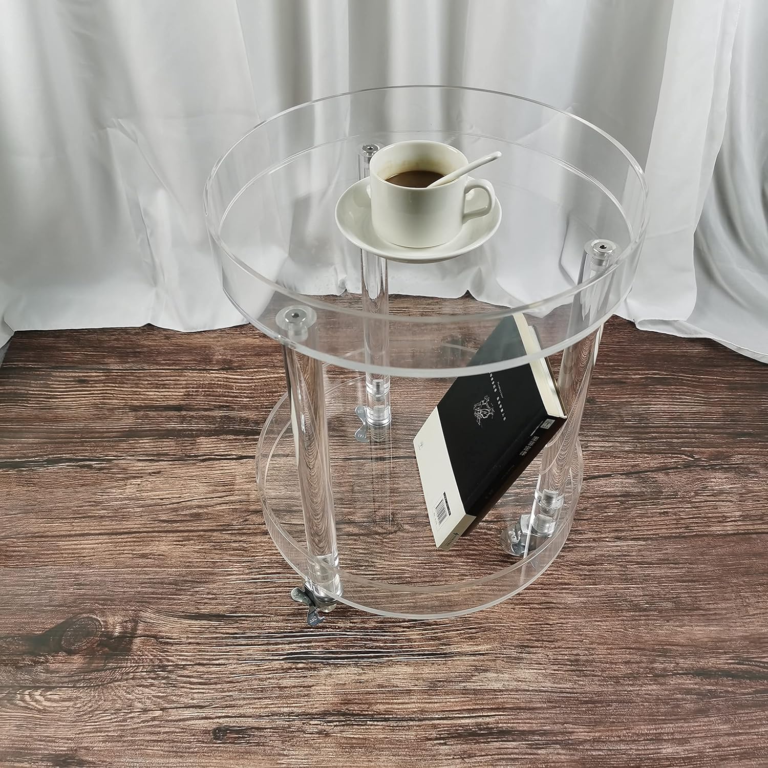 Modern Small Side Table Clear Round Rolling Cart with Wheels,Home Decor End Table with 2-Tier Storage Tray