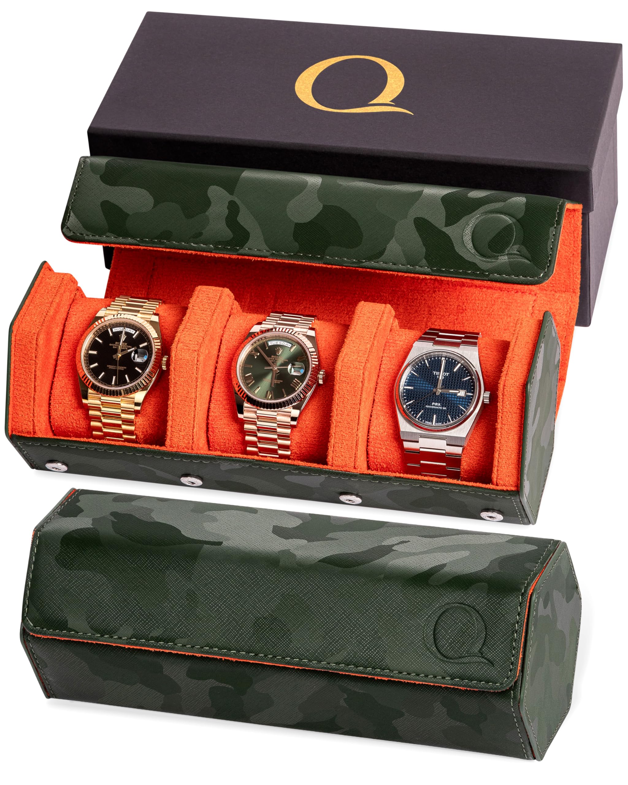 QWATCHBANDS Napa Leather Watch Rolls for Men - Hexagon Triple Watch Roll Travel Case 3 Watches - Storage Organizer Genuine Leather with Velvet Interior Display (Camo Green/Orange)