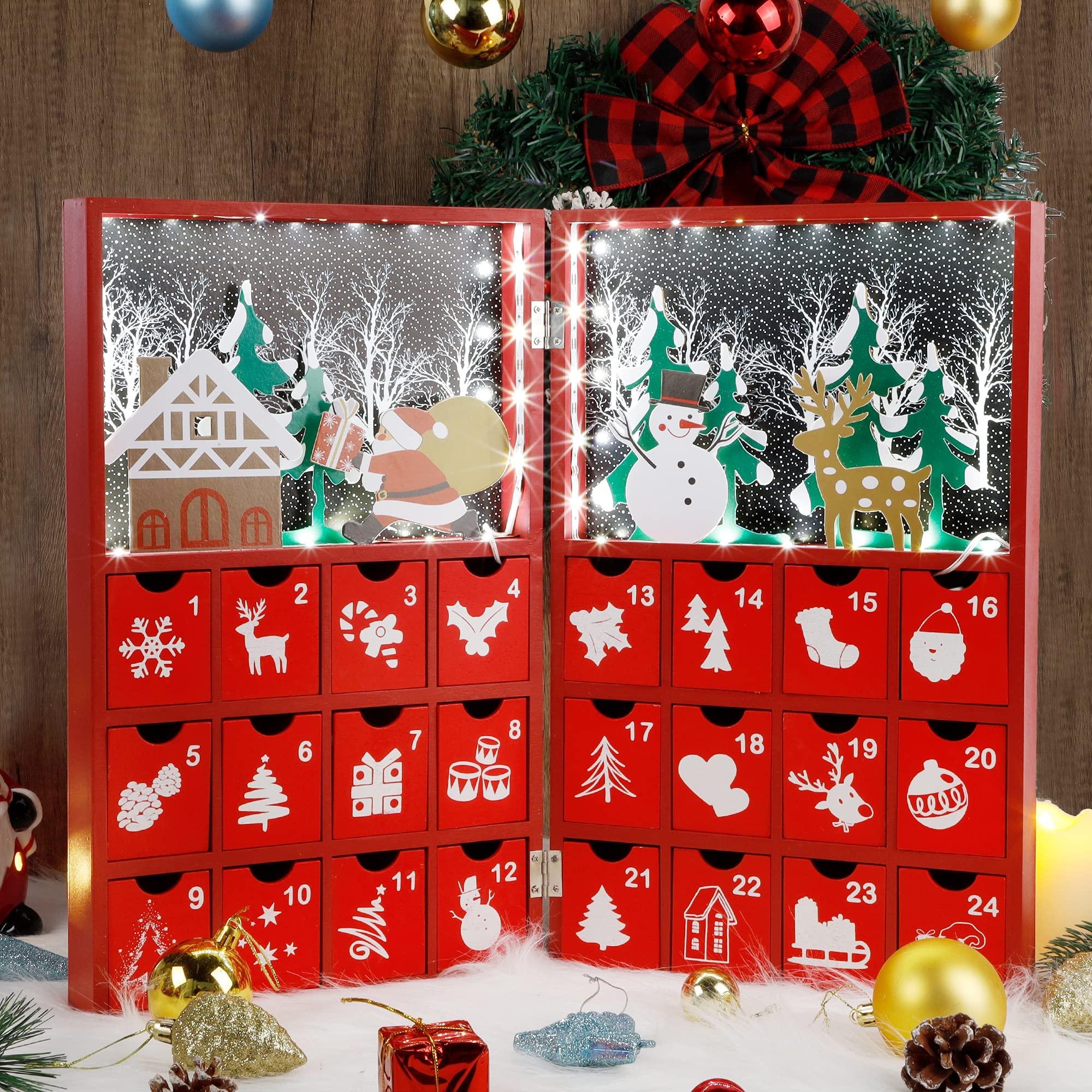 Photo 1 of DR.DUDU Christmas 2021 Advent Calendar 24 Days Countdown with Drawers, Light up Fillable Merry Christmas Wooden Book with Snowman Santa Claus Holiday Decorations Xmas Gift